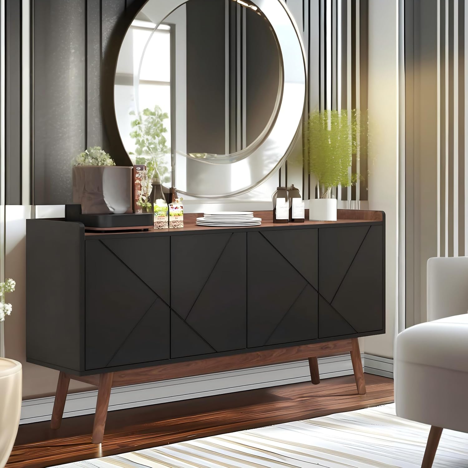 NicBex Modern Storage Cabinet, 55 inch Sideboard with Pop-up Doors, Wooden Buffet Cabinet for Entryway, Living Room, Black