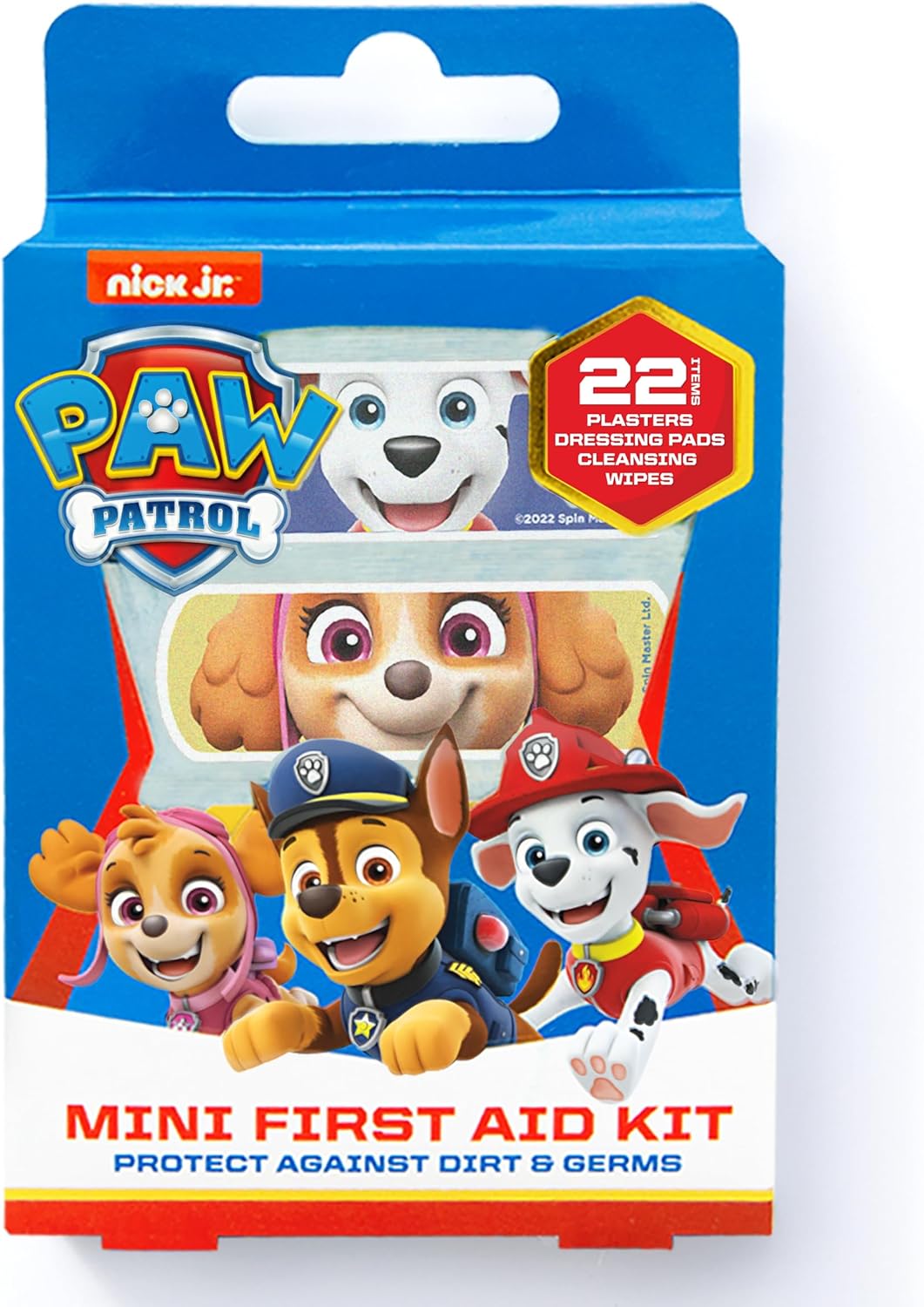 Paw Patrol Childrens Plaster First Aid Kit Including Saline Solution Wound Cleansing Wipes/Dressing Pad (Latex Free/Hypoallergenic/Wash proof/Breathable, Multicolour, 22 count