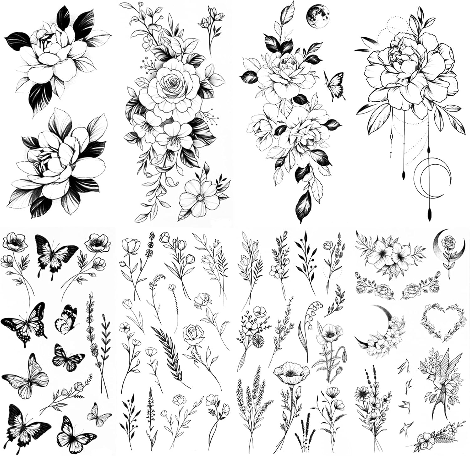 8sheets Temporary Tattoos for Women Flowers Wild Plant Butterfly Large and Small Floral Transfer Fake Tattoos Gifts for Women