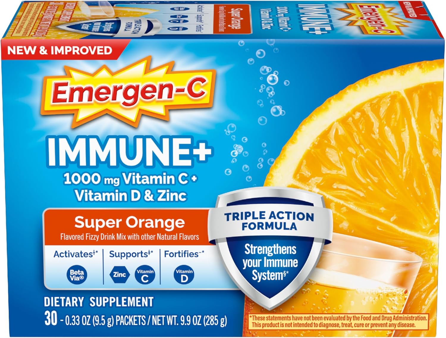 Emergen-C Immune+ Triple Action Immune Support Powder, BetaVia (R), 1000mg Vitamin C, B Vitamins, Vitamin D and Antioxidants, Super Orange – 30 Count (Pack of 1)