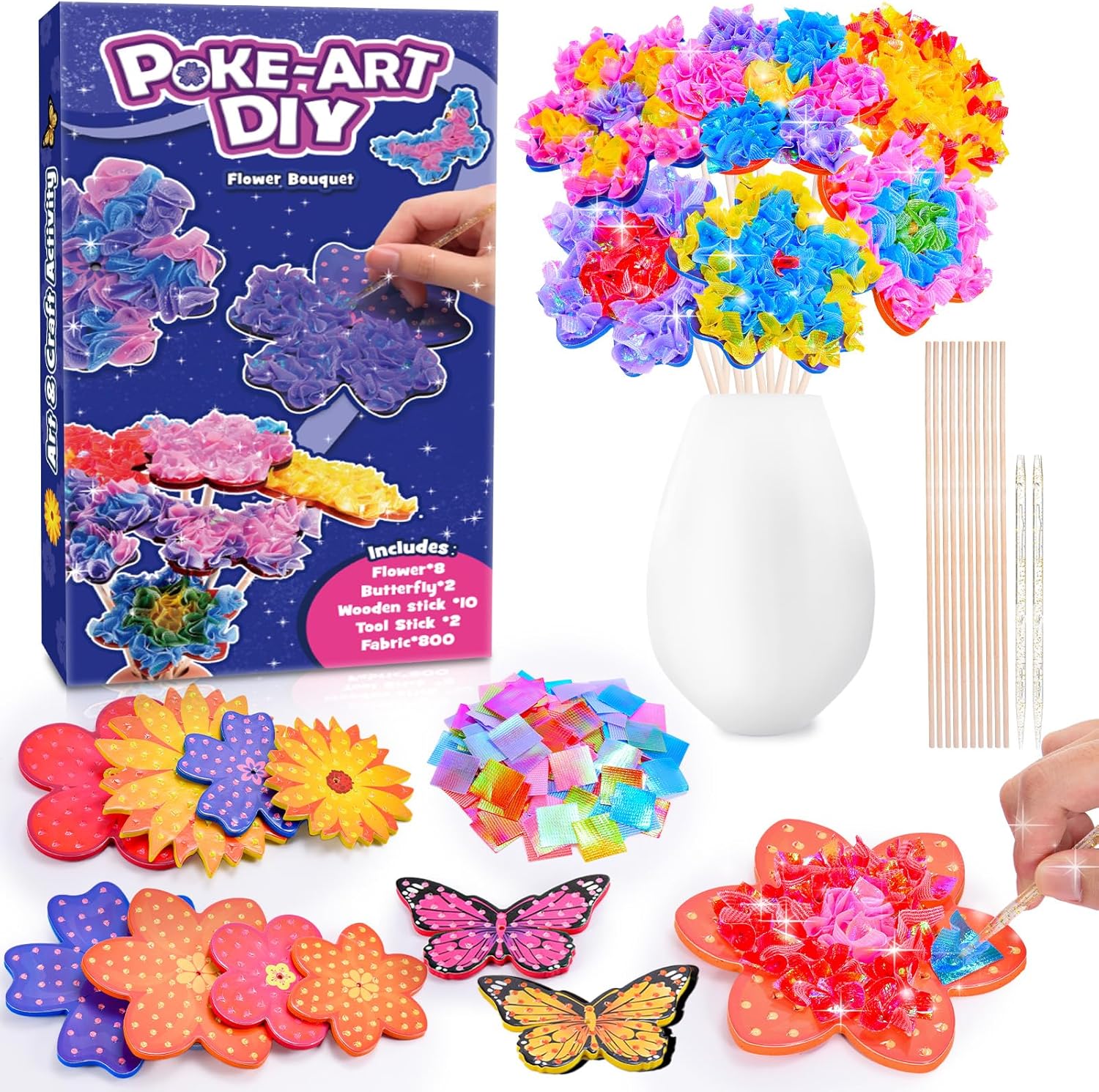 MDINGTD Toys for 4 5 6 7 8+ Year Old Girls, Poke Art Flower Bouquet with 8 Flowers & 2 Butterflies Arts and Crafts for Girls Ages 4-12 DIY Creative Activity Birthday Christmas Gifts Craft Kits