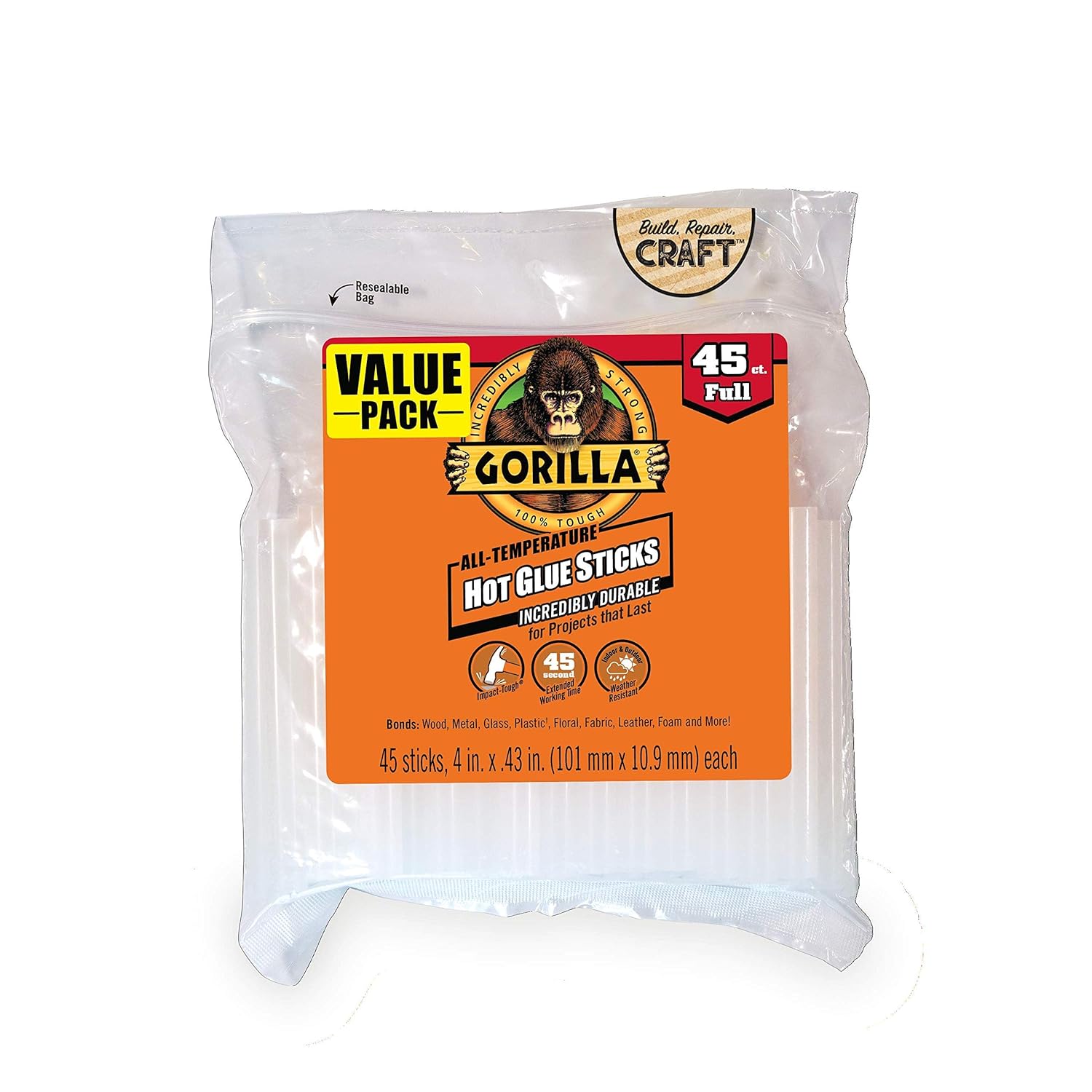 Gorilla Hot Glue Sticks, Full Size, 4" Long x .43" Diameter, 45 Count, Clear, Bonds: Wood, Metal, Glass, Plastic, Floral, Fabric, Leather, Foam, and More (Pack of 1 with 45 Glue Sticks per pack)