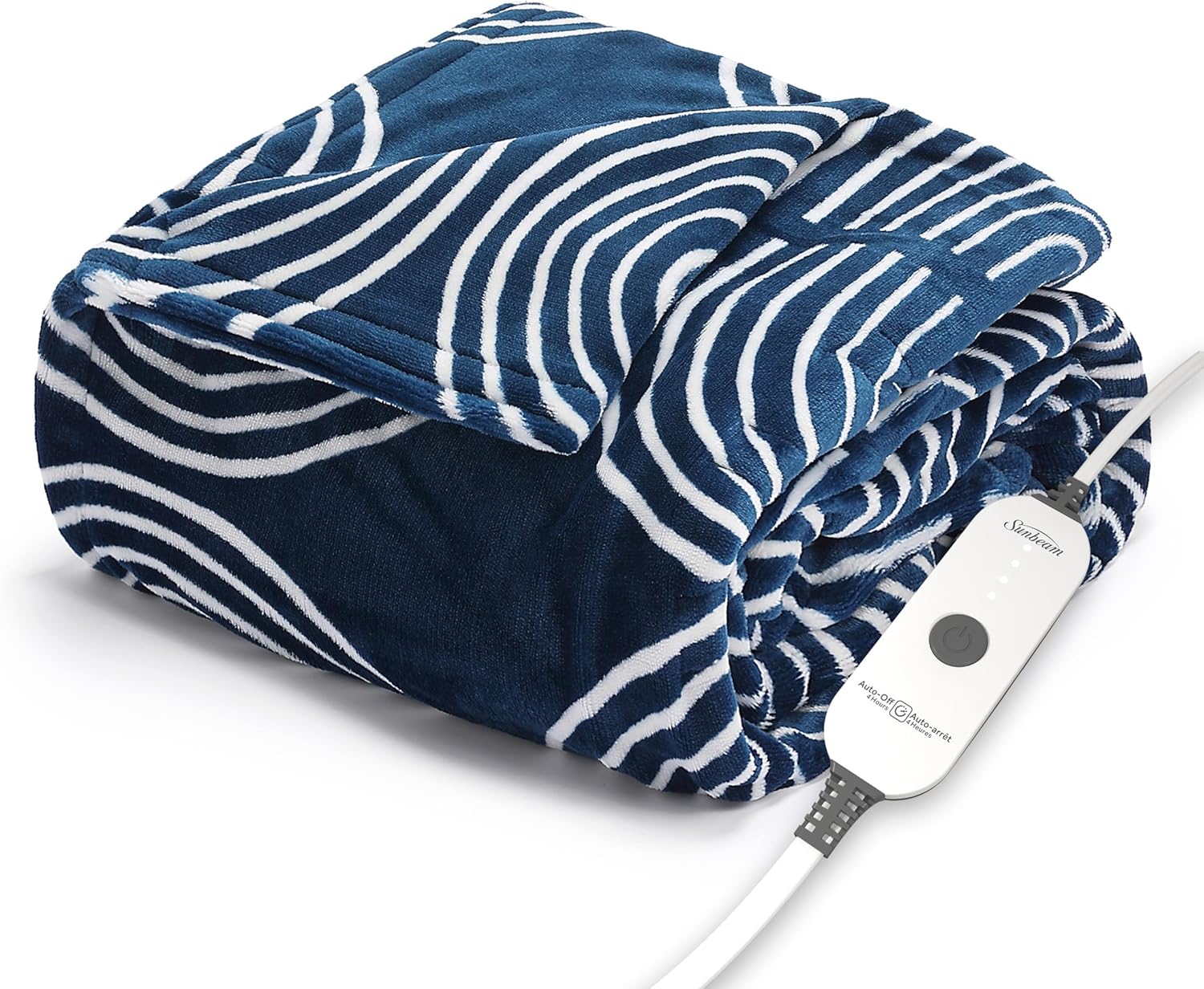 Sunbeam Ultimate Cozy Royal Posh Velvet Hand & Foot Pocket Heated Throw Electric Blanket, 50" x 72", 4 Heat Settings, 4-Hour Auto Shut-Off, Warming Throw for Couch, Machine Washable, Blue Rounds