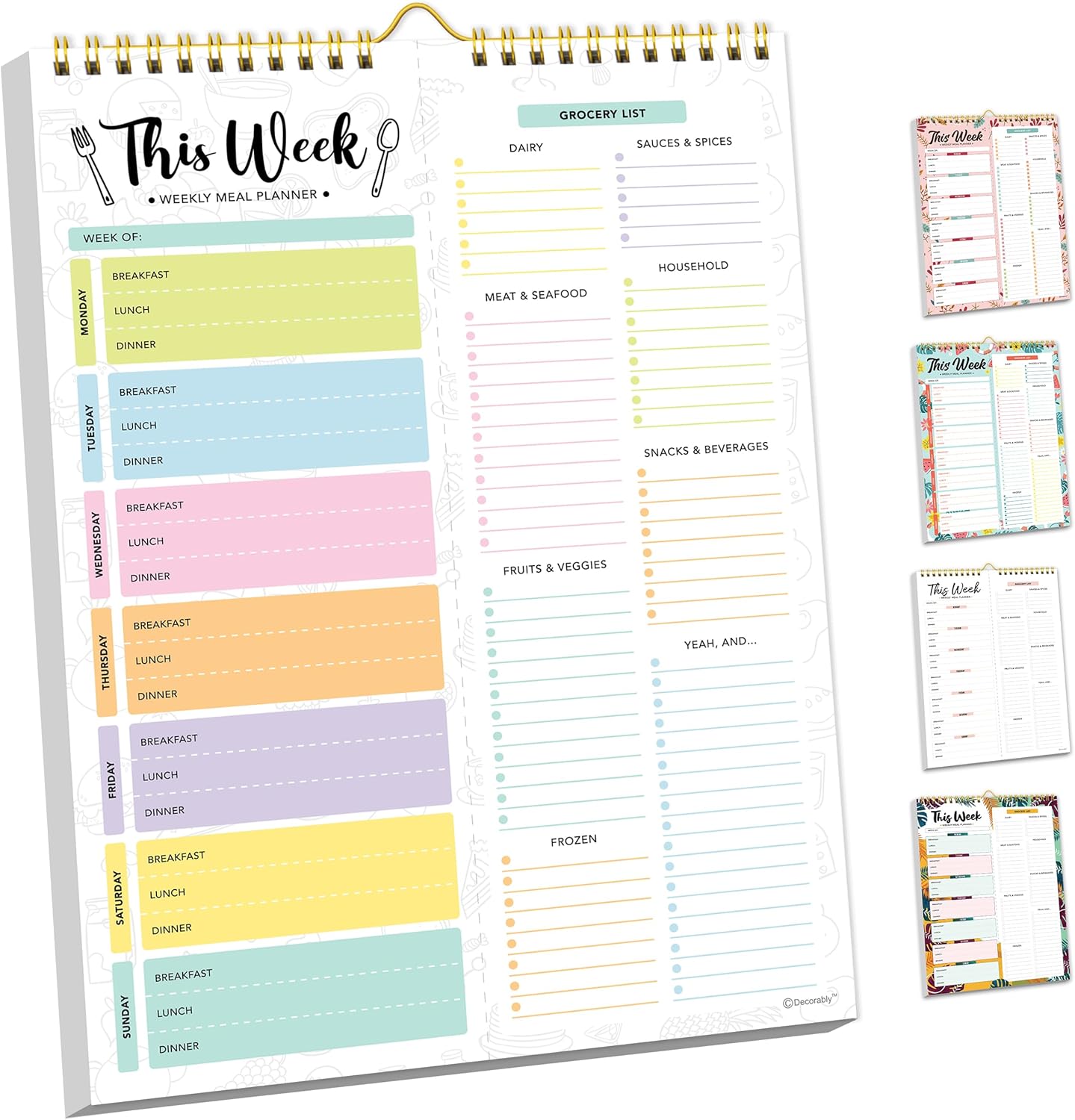 Decorably 52 Sheets Pastel Undated Weekly Meal Planner and Grocery List with Strong Magnets, 8.5x11in Spring-Bound Magnetic Meal Planning Pad, Menu Planner and Grocery List