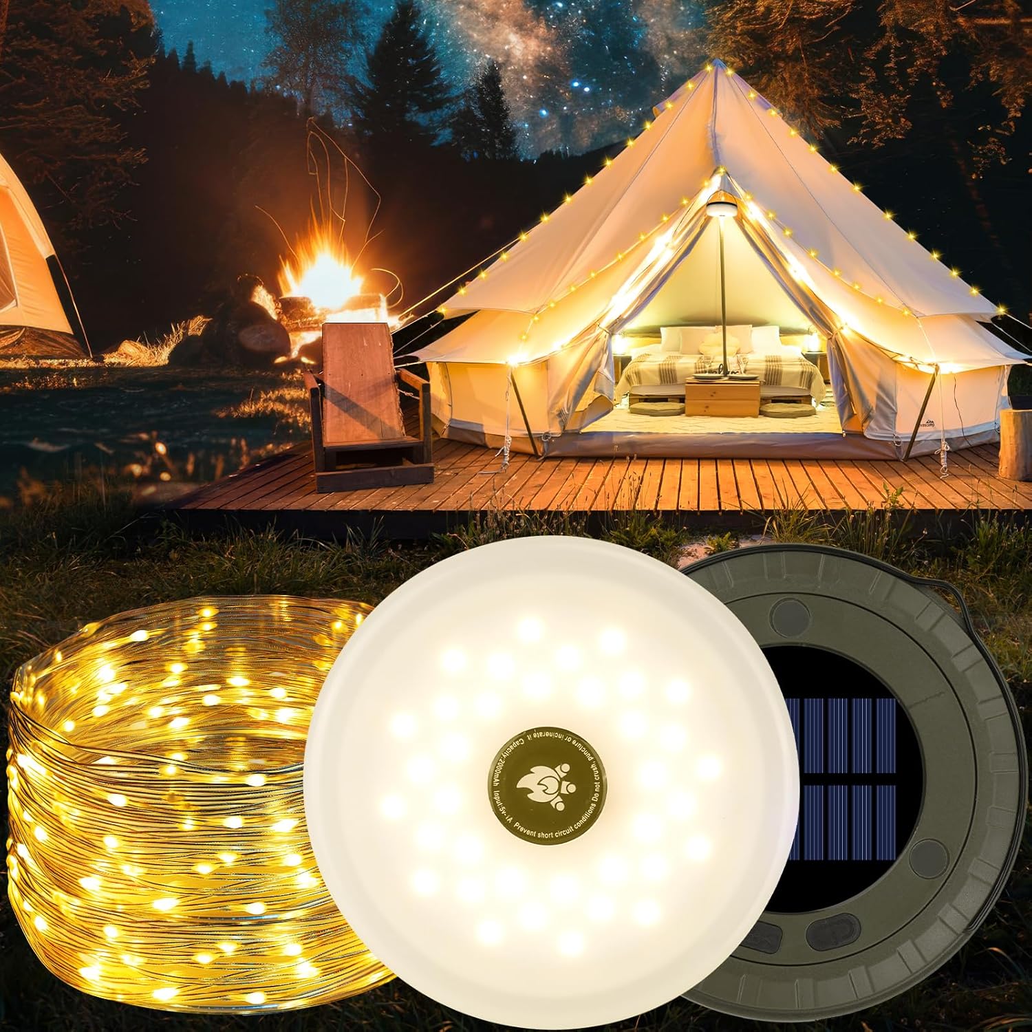 RISEMART Camping String Lights 10M | 2-in-1 Waterproof Outdoor Lights with 5 Modes,Fast Charging & Portable Design | Rechargeable Camping Lantern for Power Outages,Garden, Camping, Festivals