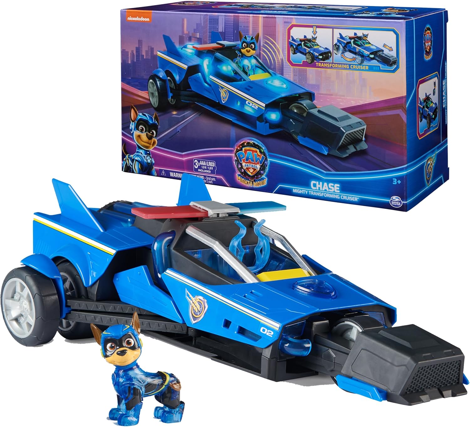 Paw Patrol: The Mighty Movie, Chase’s Mighty Transforming Cruiser with Mighty Pups Action Figure, Lights and Sounds, Kids’ Toys for Boys and Girls 3+