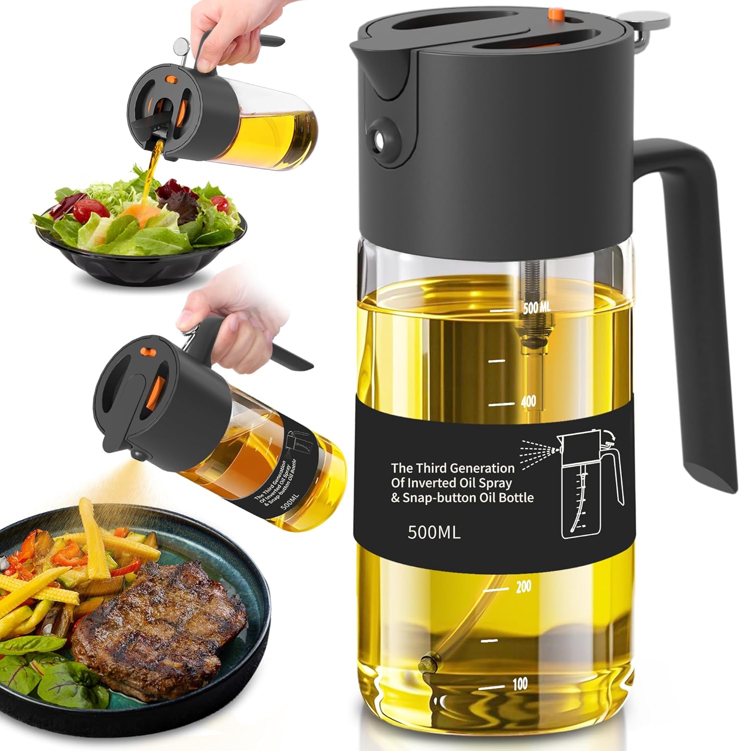 Oil Sprayer for Cooking, 2025 Large Advanced Olive Oil Dispenser Bottle,500ml/17oz Glass Olive Oil Sprayer,2 in 1 Even Spray with Portion Control for Kitchen, Air Fryer, Salad, BBQ - Black