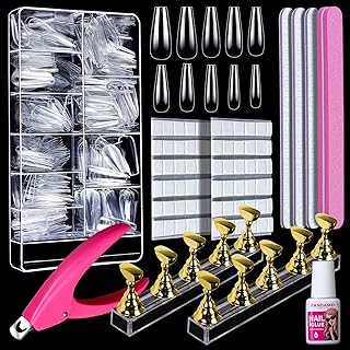 FANDAMEI Clear Coffin Nail Tips Kit, 600 PCS Full Cover Acrylic False Nail Tips, Long Ballerina Fake Coffin Nail Tips with Nail Glue, 2 Set Nail Display Stand and for Nail Practice Nail Art DIY