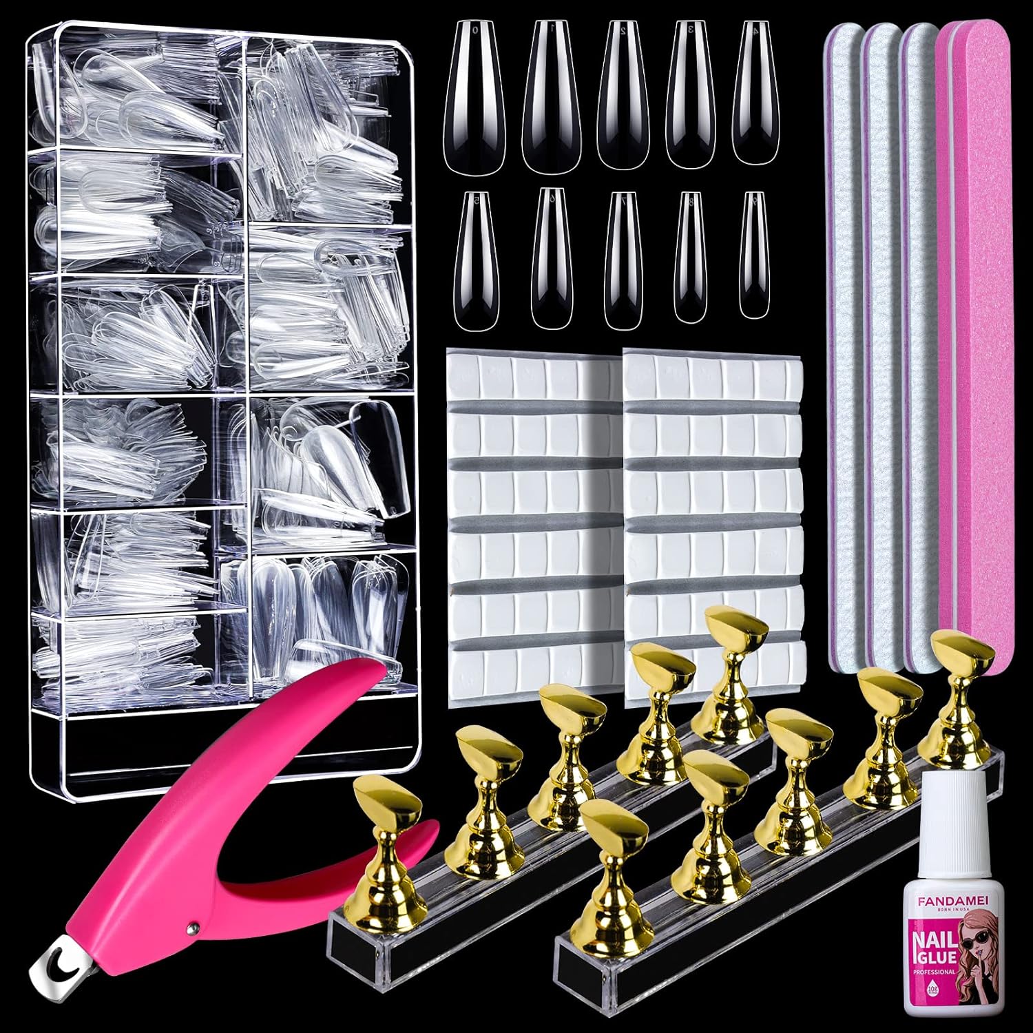 FANDAMEI Clear Coffin Nail Tips Kit, 600 PCS Full Cover Acrylic False Nail Tips, Long Ballerina Fake Coffin Nail Tips with Nail Glue, 2 Set Nail Display Stand and for Nail Practice Nail Art DIY