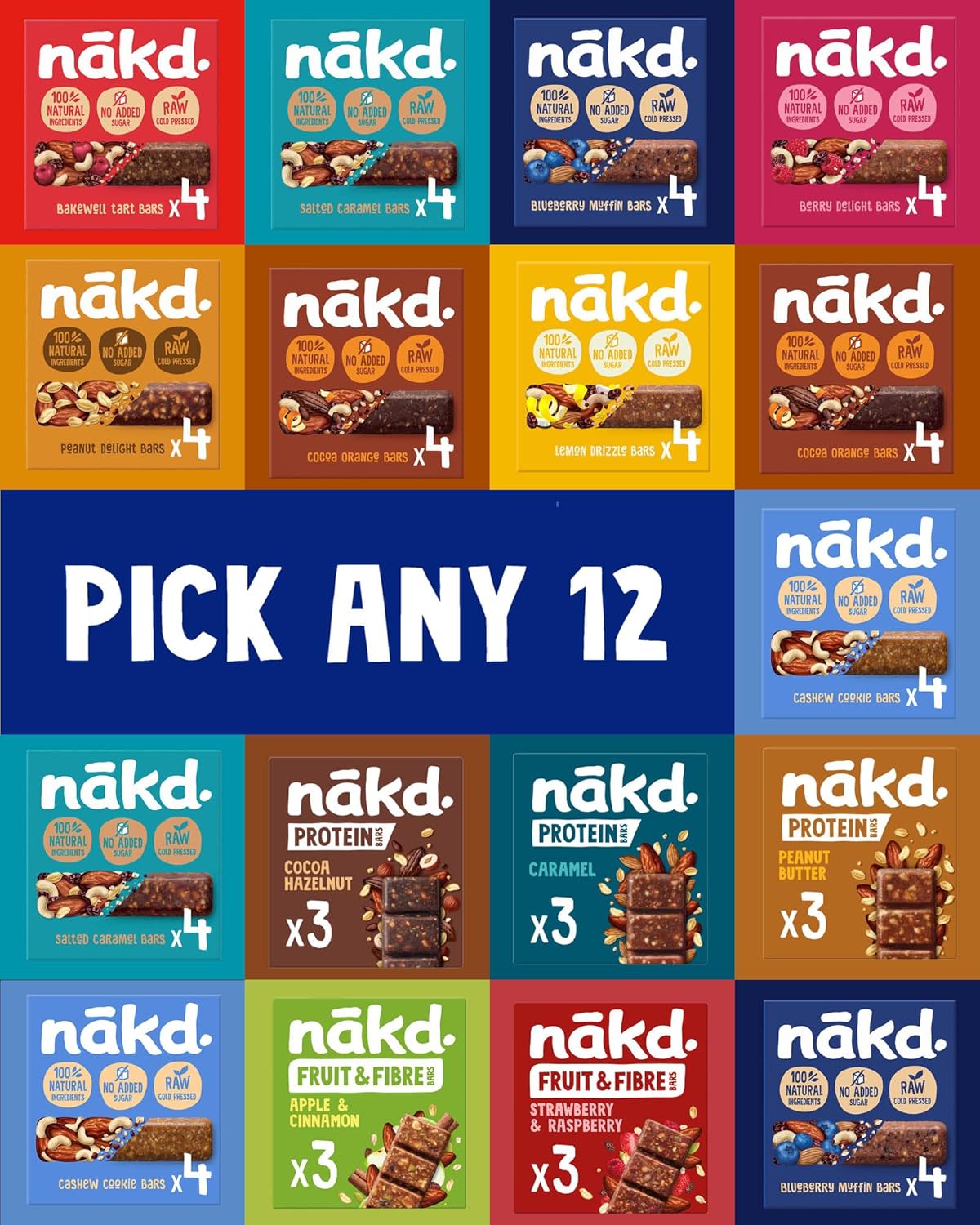 Nakd Selection Pick Any 12 Multipack from 18 Flavours - Fruit And Nut Bars 48 x 30-45g, 48 Bars.