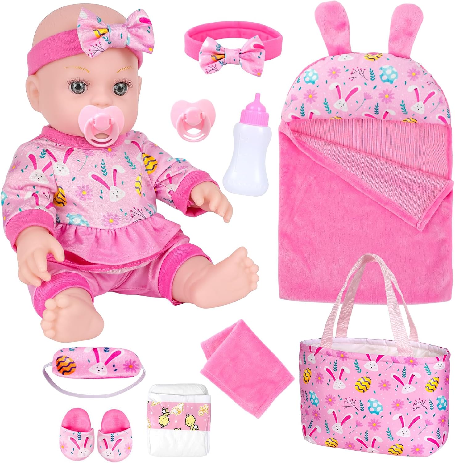 ZQDOLL 12" Baby Doll, Bunny Theme Clothes and Sleeping Bag, Realistic Baby Dolls Accessories Set Girl Easter Gift Toy Stuff Pacifier Slippers Bottle Diapers Hanky Eye Mask for Baby Toddlers 3 Ages+