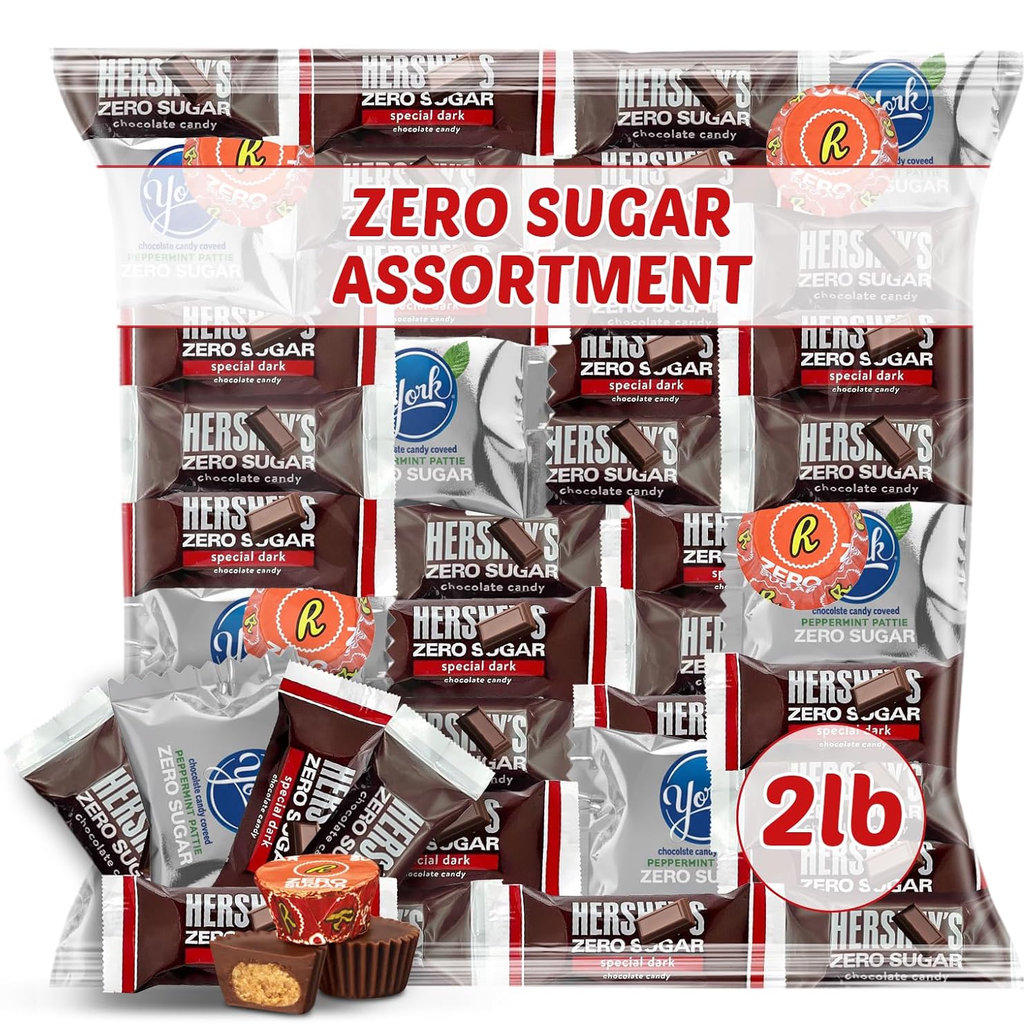 Zero Sugar Chocolate Candy Assortment Bag, 2lb | Variety Mix of Peanut Butter Cups, Dark Chocolate Squares, and Peppermint Patties