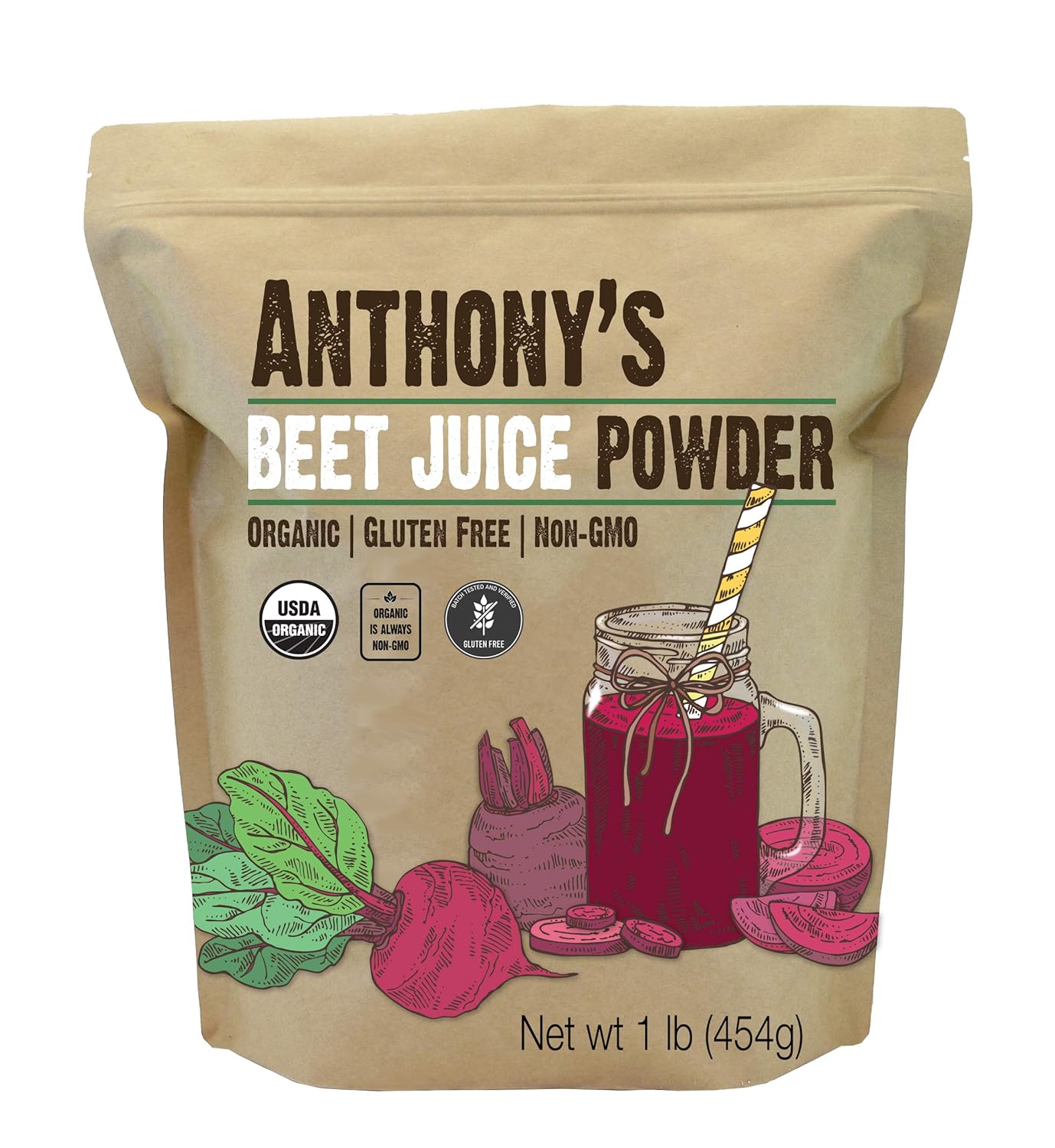 Anthony's Organic Beet Root Juice Powder, 1 lb, Gluten Free, Non GMO, Vegan Friendly