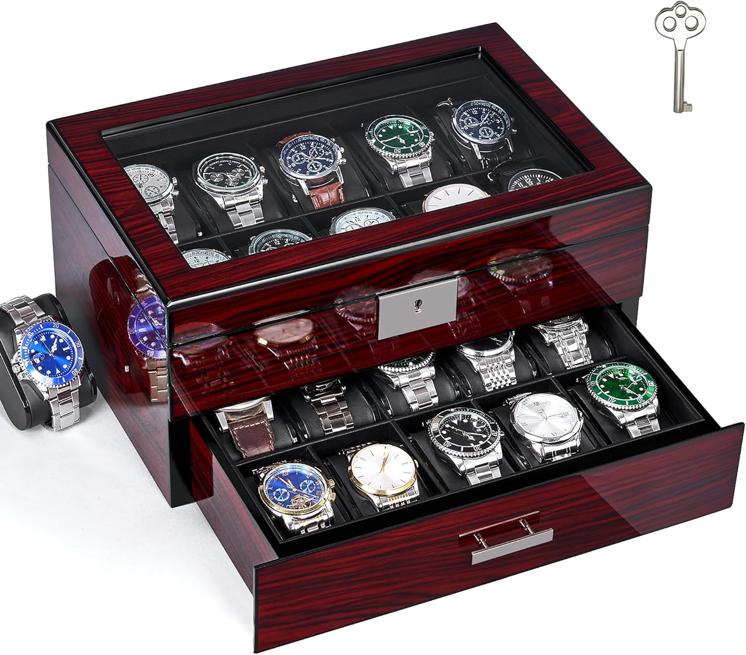 ANWBROAD Watch Box for Men with 20 Slots,2-Tier wooden Watch Case with Glass Lid,20 Removable Watch Pillows,Key Lock,Organizer Watch Storage Box,Red Wooden Piano Finish,JWB002Y
