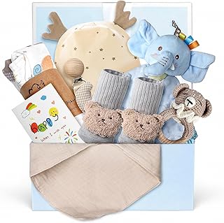 7PCS Baby Shower Gifts for Boys, Baby Boy Newborn Essentials Stuff, Baby Boy Gifts, Gender Reveal Gifts, Baby Bath Sets for New Baby Boys, Rattle Swaddle Blanket Baby Gifts