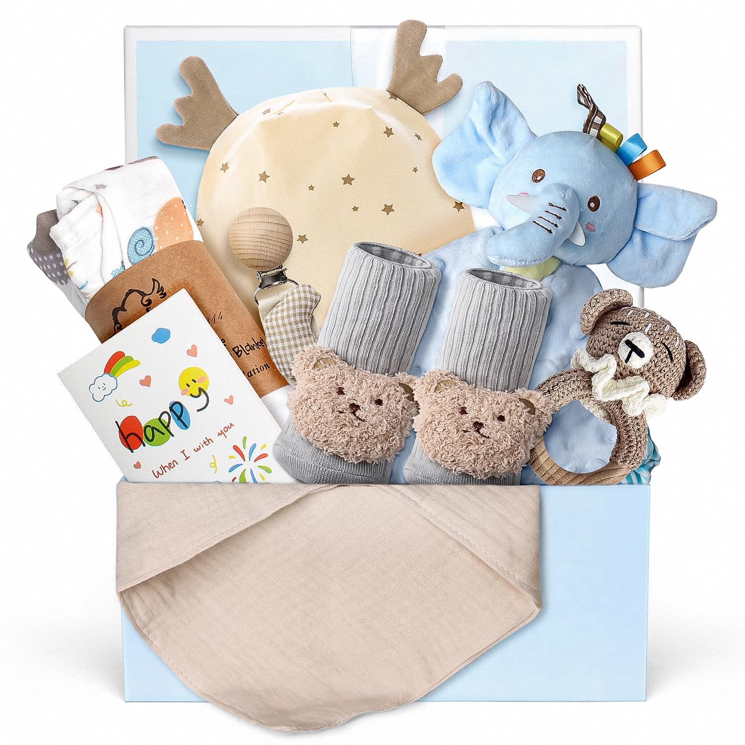 7PCS Baby Shower Gifts for Boys, Baby Boy Newborn Essentials Stuff, Baby Boy Gifts, Gender Reveal Gifts, Baby Bath Sets for New Baby Boys, Rattle Swaddle Blanket Baby Gifts