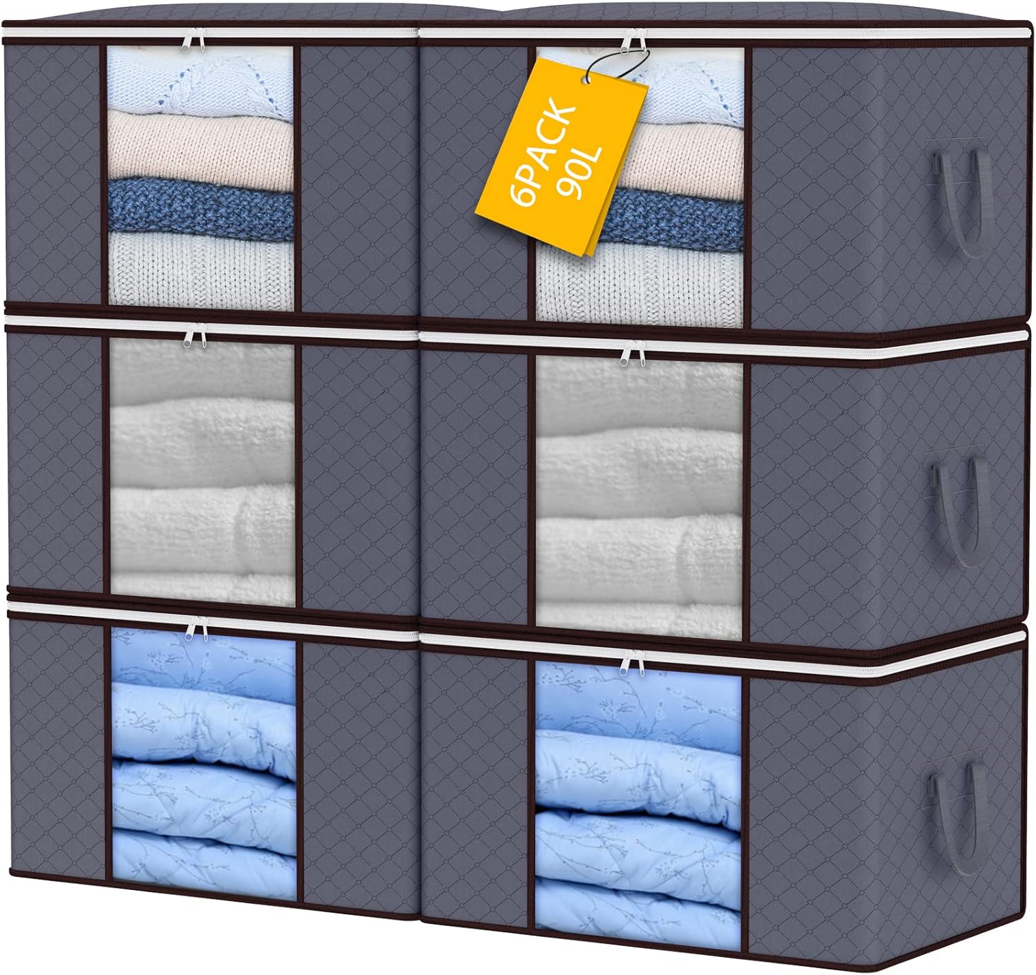 90L Storage Bags, 6Pack Large Capacity Clothes Storage Boxes with Lid and Zips, Foldable Clothes Packing Boxes with Reinforced Handle Breathable Thick Fabric for Comforters, Blankets, Bedding