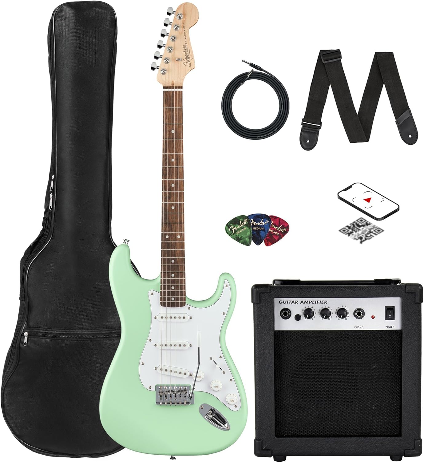 Fender Squier Stratocaster Electric Guitar - Surf Green Bundle with Amplifier, Gig Bag, Cable, Strap, Picks, and Austin Bazaar Instructional Video