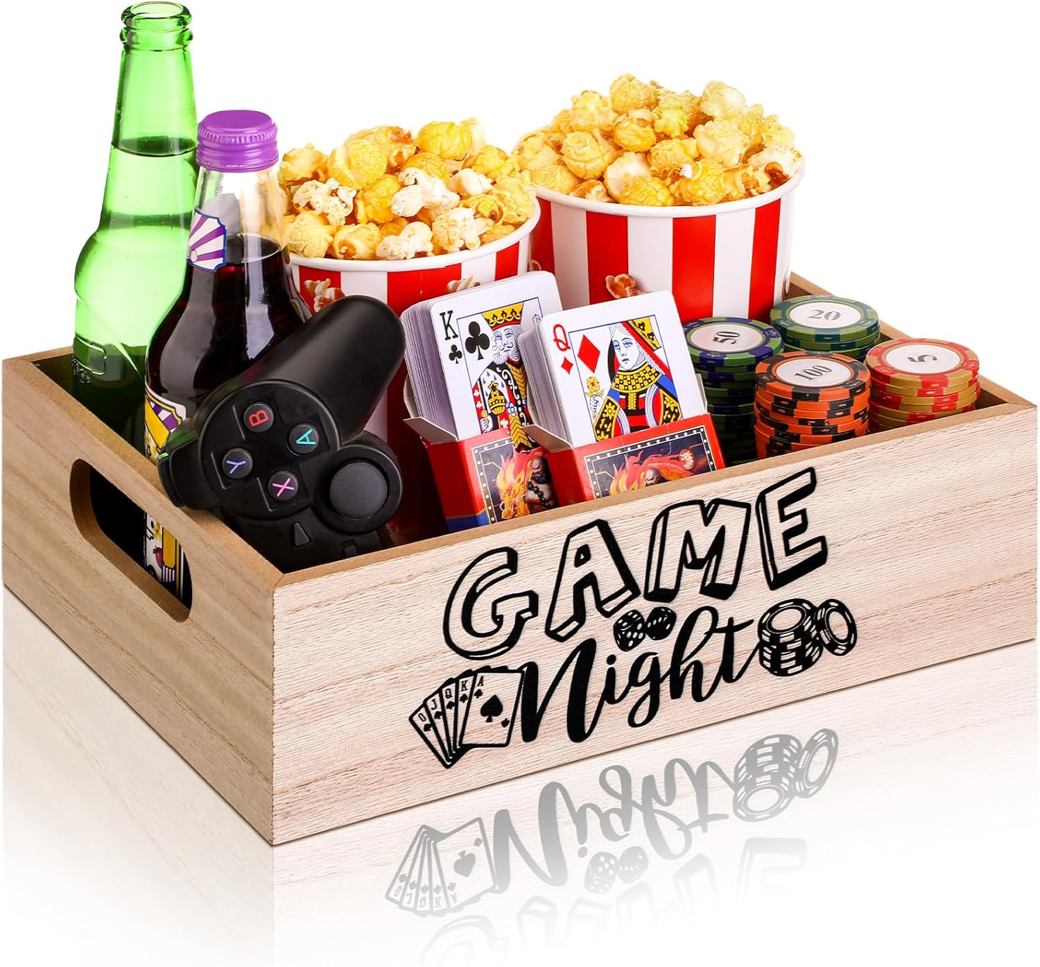 Movie Night Supplies Snack Trays with Handles Reusable Wooden Movie Gift Basket for Theater Popcorn Bucket Bowl Box Container Family Room Decor(Game Night)