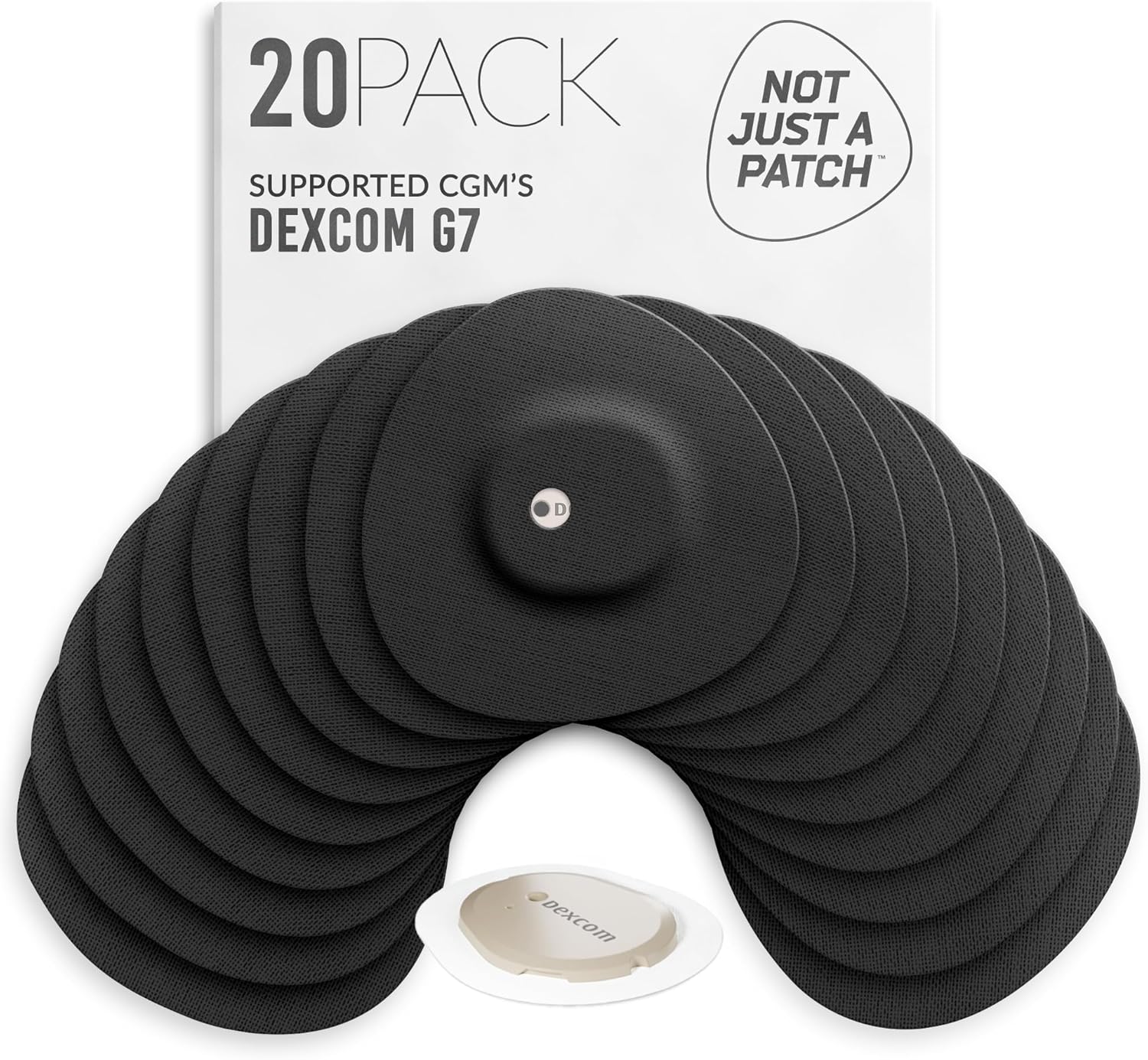 Not Just A Patch Dexcom G7 Adhesive Patches (20 Pack) – Stelo CGM Sensor Patches – Breathable & Sweatproof Design with Precision-Cut Hole for Ventilation, Secure Fit & Long-Lasting Hold – Black