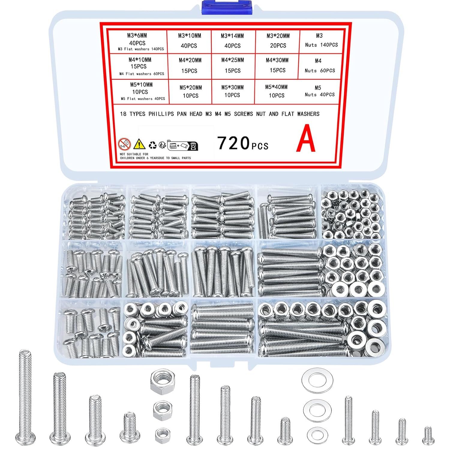 Xiaheipi 720 Pcs M3 M4 M5 Galvanized Screws with Nuts and Washers Assortment Set, Assorted Cross Pan Head Machine Screws Nuts and Bolts Set for Home Office Industrial Electronic (A)