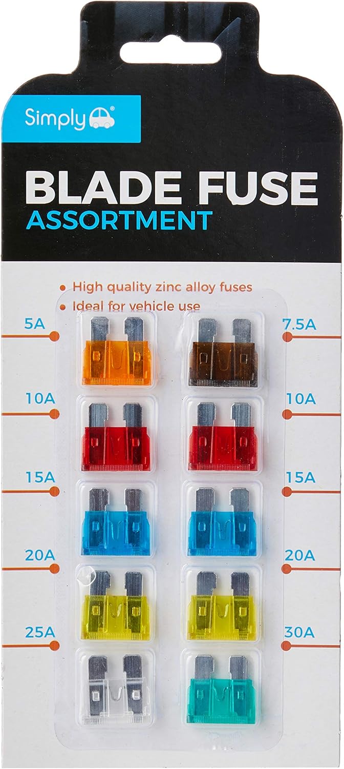 Simply BF819 Alloy Blade Fuse Assortment, Ideal for Vehicle Use, 10 Pieces and 7 Types 5A 7.5A 10A 15A 20A 25A 30A Multi-Function Car Fuse, Set of 10