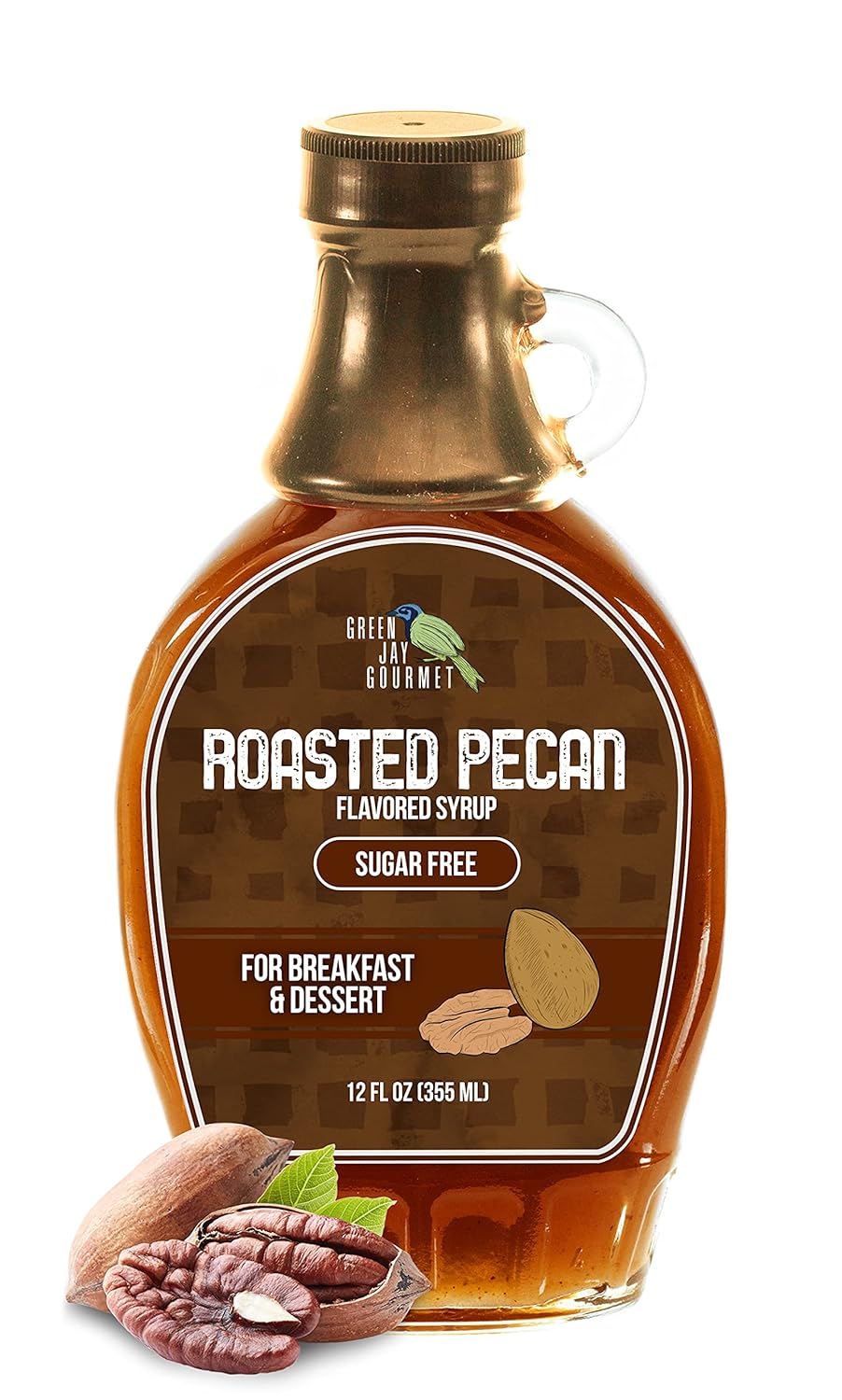 Green Jay Gourmet Sugar Free Roasted Pecan Syrup - No Sugar Premium Breakfast Syrup w/Roasted Pecan and Vanilla Flavors - All-Natural, Non-GMO Pancake Syrup, Waffle Syrup & Dessert Syrup - 12 Ounces