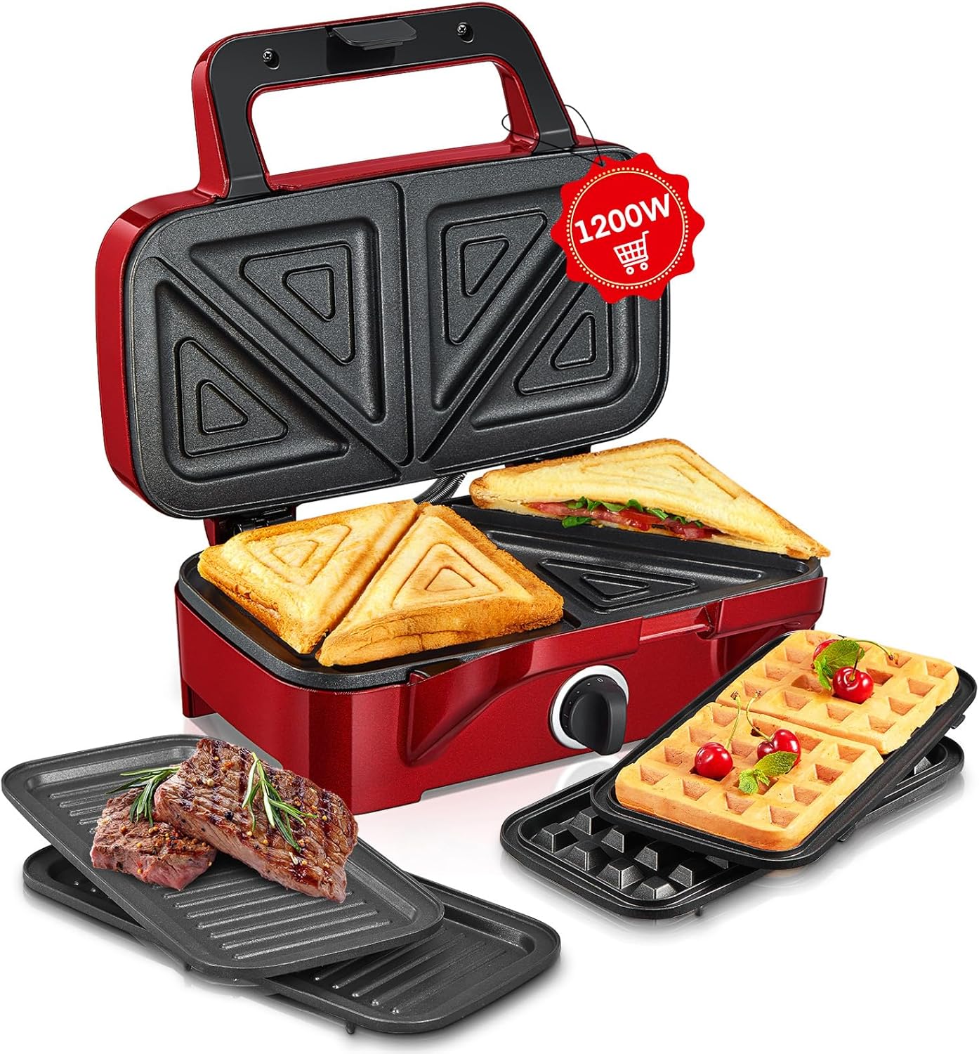 HOUSNAT Sandwich Maker, 3 in 1 Waffle Maker with Removable Plates, 1200W Panini Press with Interchangeable Non-Stick Plates, Indicator Lights, 5-gear Temperature Control (Red)