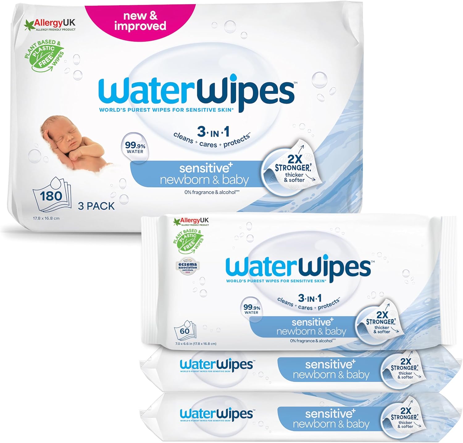 WaterWipes Sensitive+ Newborn & Baby Wipes, 180 Count (3 Packs), 3-In-1 Cleans, Cares, Protects, 99.9% Water, Unscented