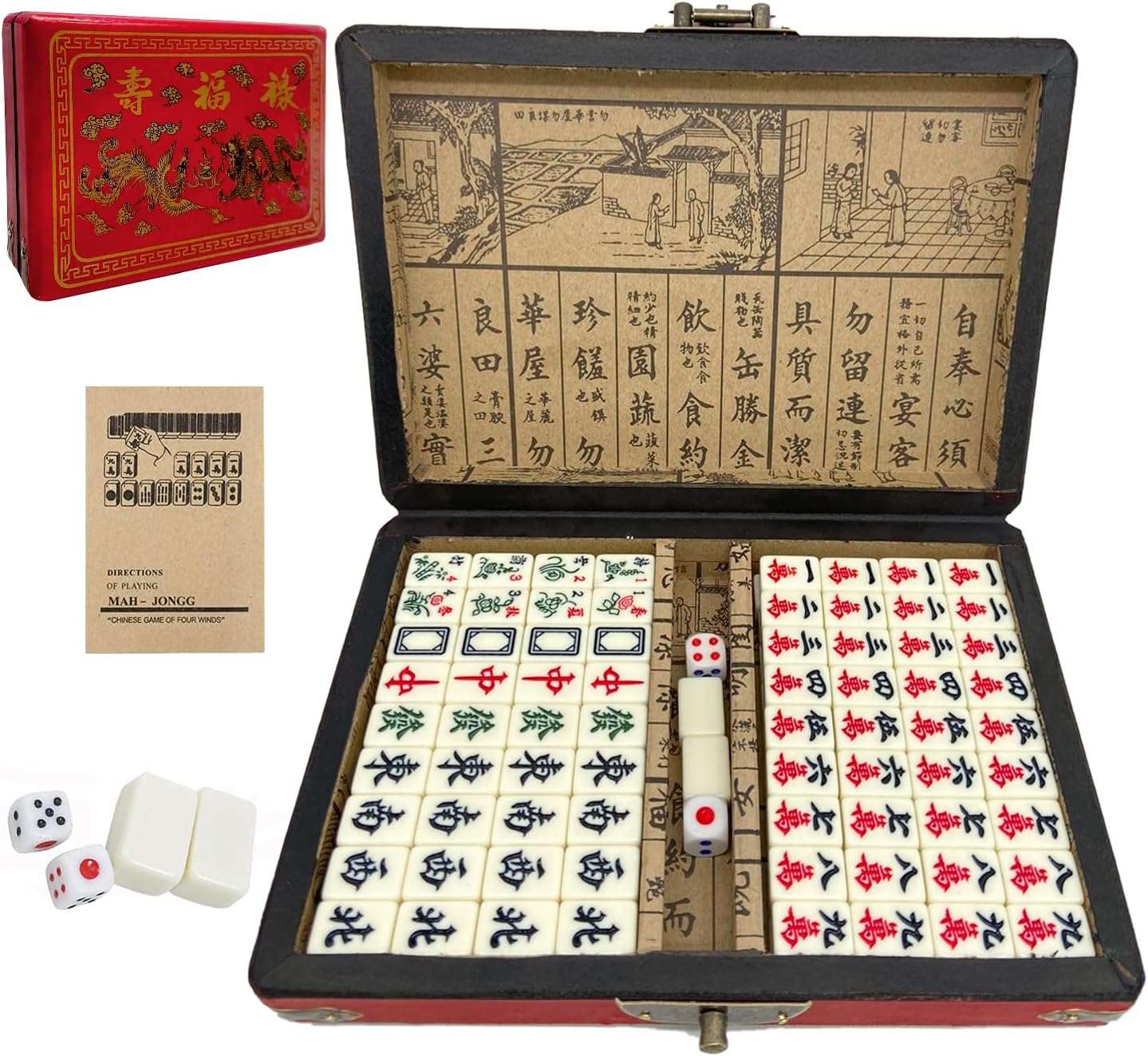 TourKing Chinese Mahjong Mah Jongg Board Game Set With 144PCS Mahjong Tile Set, 2PCS Dot Dice & 6.7” Wooden Carry Case for Travel, Family Gathering, Party