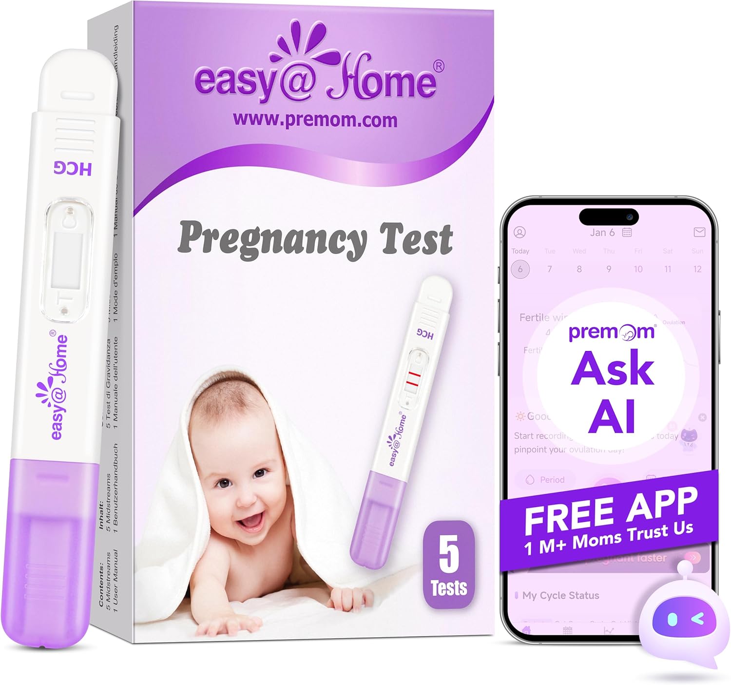 Easy@Home 5 x Pregnancy Test for Early Detection, Ultra Early HCG Pregnancy Test Kit 10 MIU/ml, Early Accurate Result Pregnancy Test