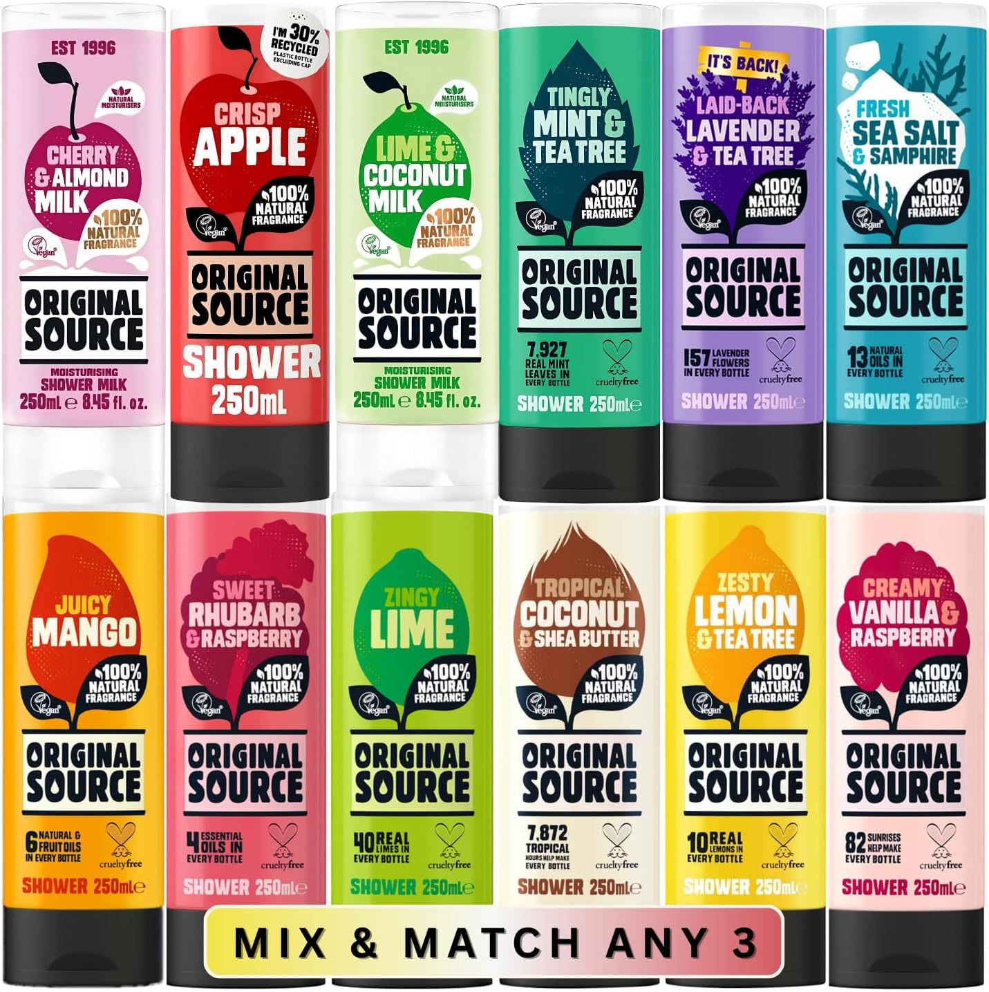 Original Source Shower Gel Bundle Mix & Match Any (3 x 250ml) | 100% Natural Fragrance, Vegan, Cruelty Free, Paraben Free
