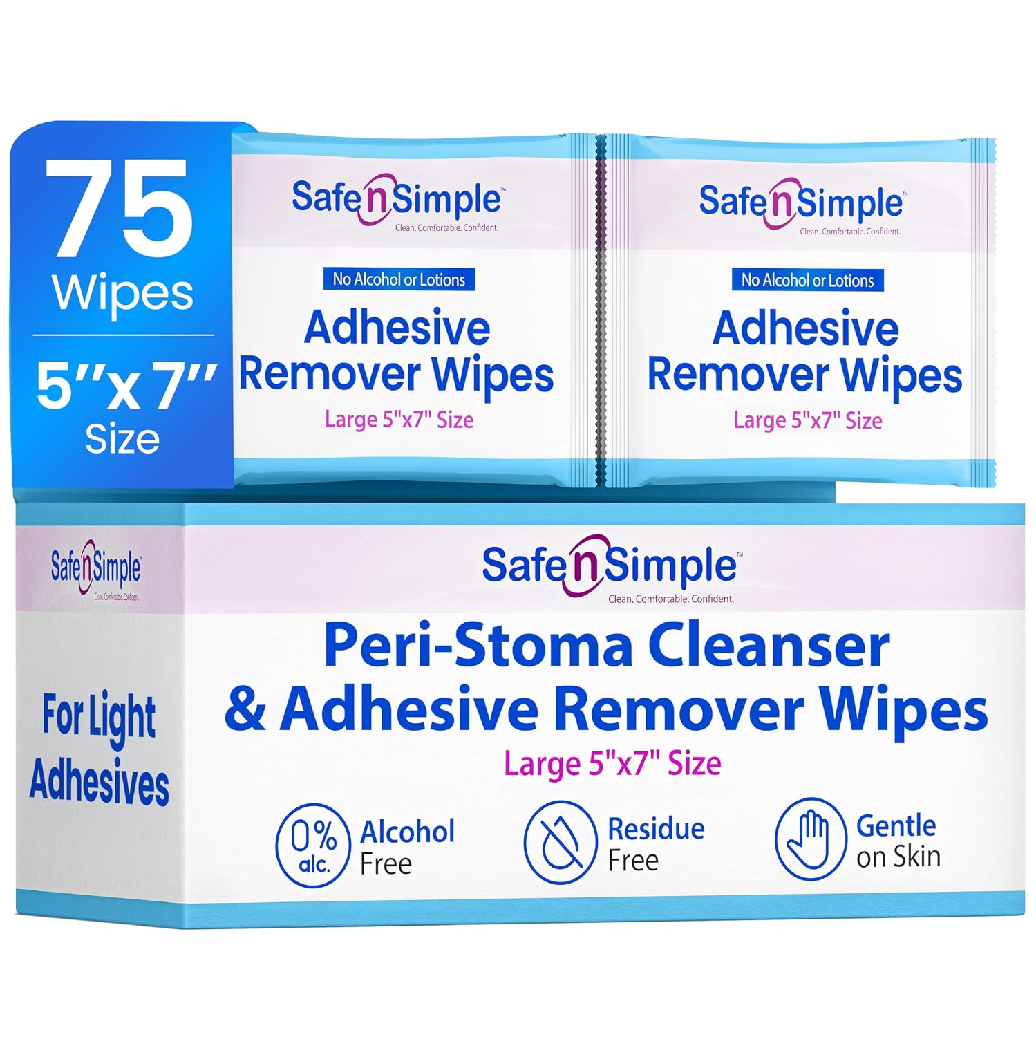 Safe n’ Simple Adhesive Remover for Skin - 5" x 7" - 75 Individual Wipes