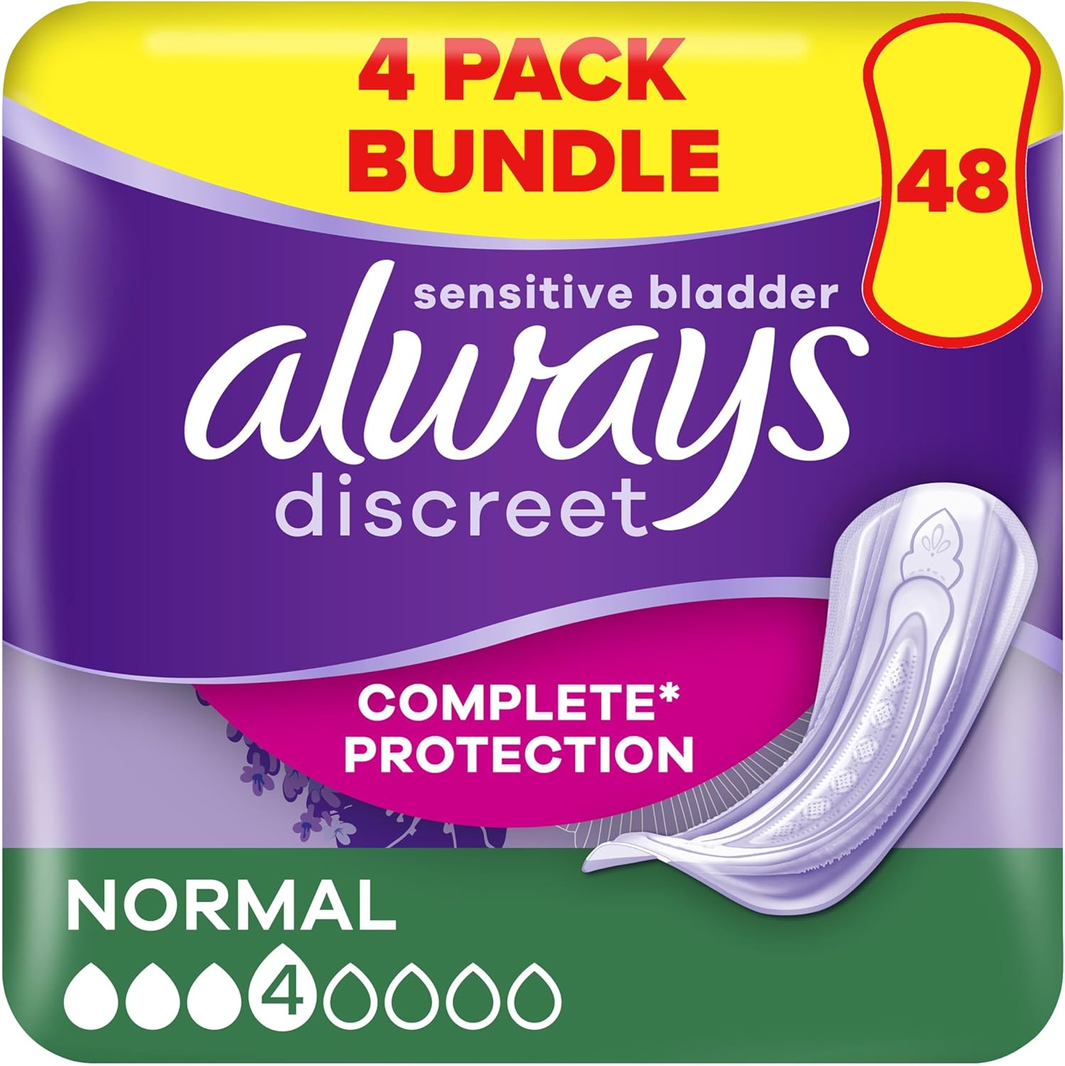 Always Discreet Incontinence Pads Women, Normal, 48 Moderate Absorbency Pads (12 x 4 Packs), Bigger Pack, Odour Neutraliser, Discreet and Flexible, for Sensitive Bladder