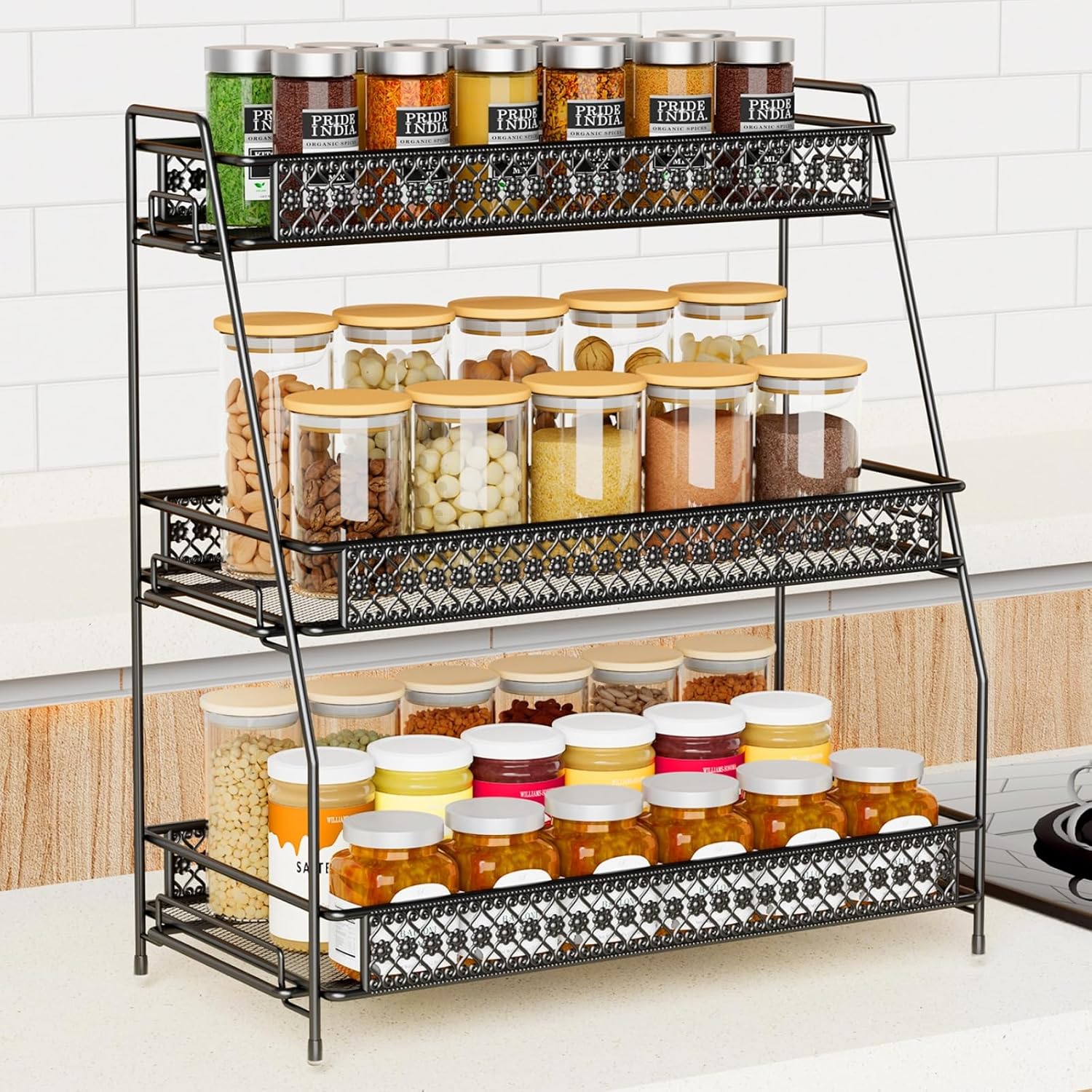 Bridgify Black Alloy Steel Countertop Organizer, 15.94 inches, Kitchen & Bathroom Spice Rack, Makeup & Skincare Storage, 3 Tiered Shelves