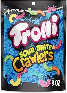 Trolli Sour Brite Crawlers, Candy, Cherry-Lemon, Strawberry-Grape & Orange-Lime, Sweet and Sour, Gummy Worms, 9 oz