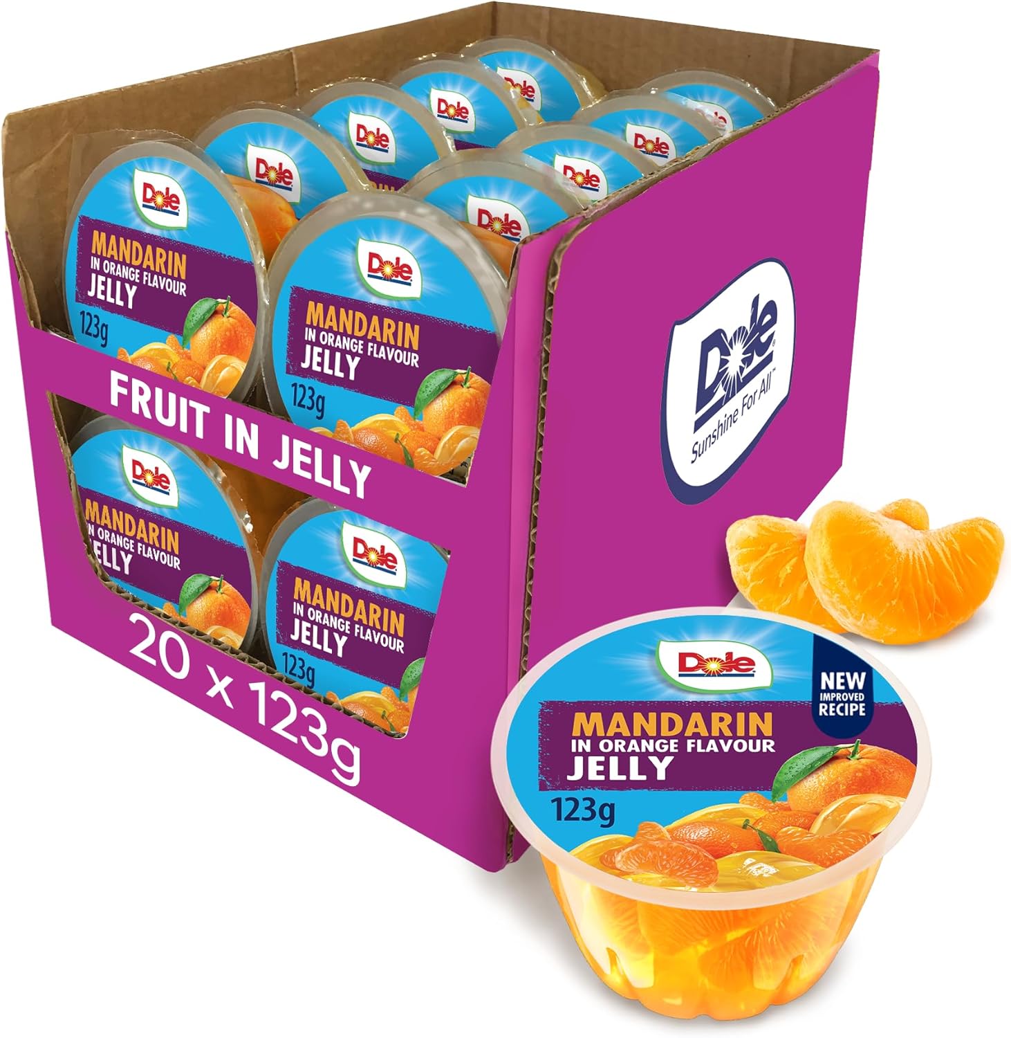 Dole Mandarin in Orange Jelly Fruit Pots 20 x 123g, Healthy Snack Made with Fresh Fruit, No Added Sugar Fruit Bowls, Perfect for Breakfast & Dessert or Adding to Recipes