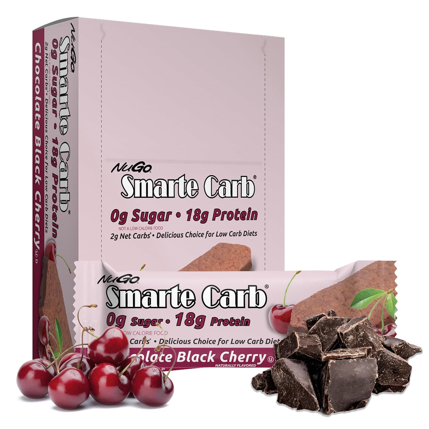 NuGo Smarte Carb Chocolate Black Cherry, 18g Protein, 0g Sugar, 2g Net Carbs, 150 Calorie, 12 Count
