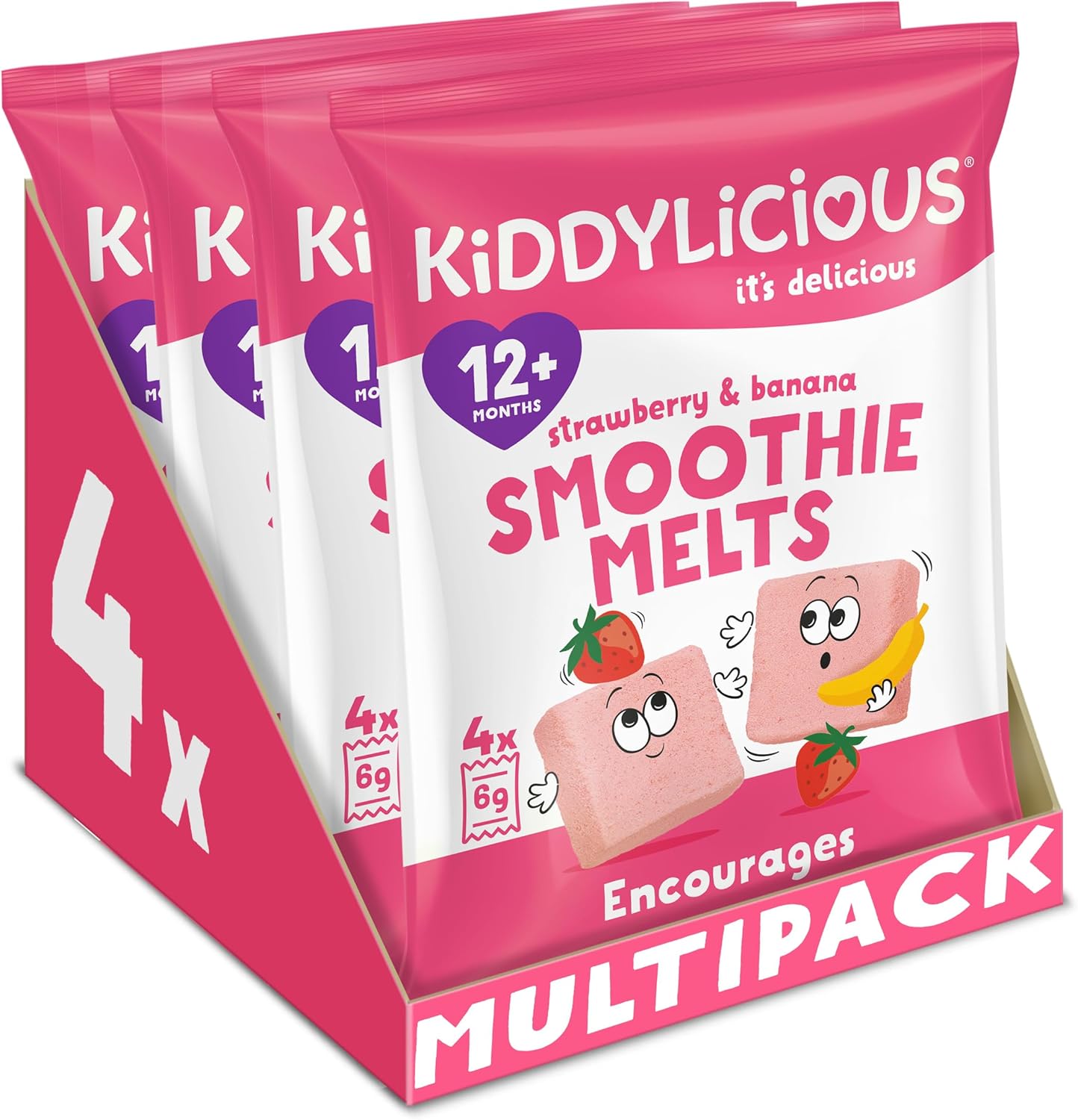 Kiddylicious Strawberry & Banana Smoothie Melts - Delicious Snacks for Kids - Suitable for 12+ Months - 4 Packs of 4 (16 Total)