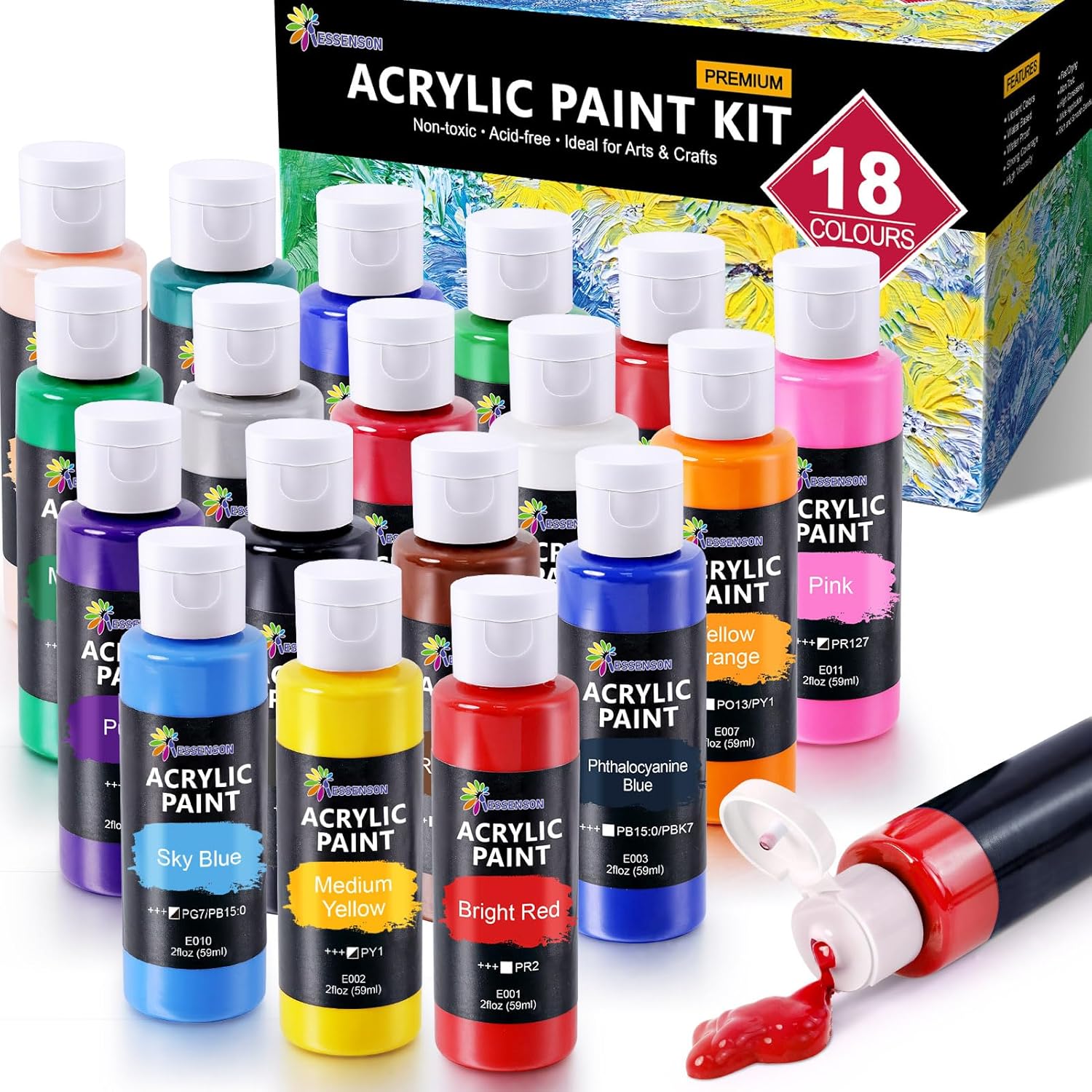 ESSENSON Acrylic Paint Set for Art, 18 Colours 2oz/59ml Bottles, Acrylic Paints Supplies for Artists, Beginners Adults on Canvas Rocks Wood Ceramic Fabric