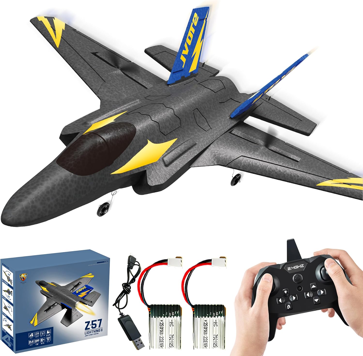 BEZGAR 4 Channel RC Plane F35 Fighter Jet, 6-axis Gyro Remote Control Airplane Ready to Fly with 2 Batteries, Easy Control for Beginners Toys with LED Navigation Lights for Adults Kids Boys