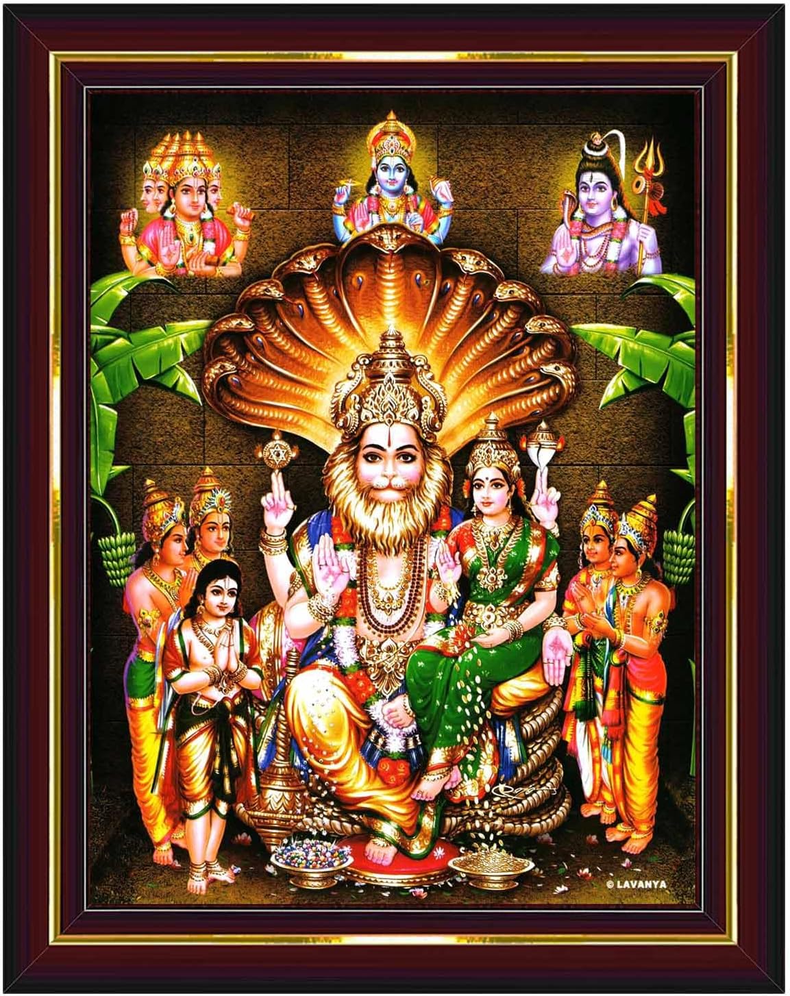 Pavan Photo Laminations Lakshmi Narasimha Swamy Lord Narsingh Bhagwan Wall Painting Framed Home Decor (Wood,Matte,Brown,Big Size,10 x 12 Inch) B593M