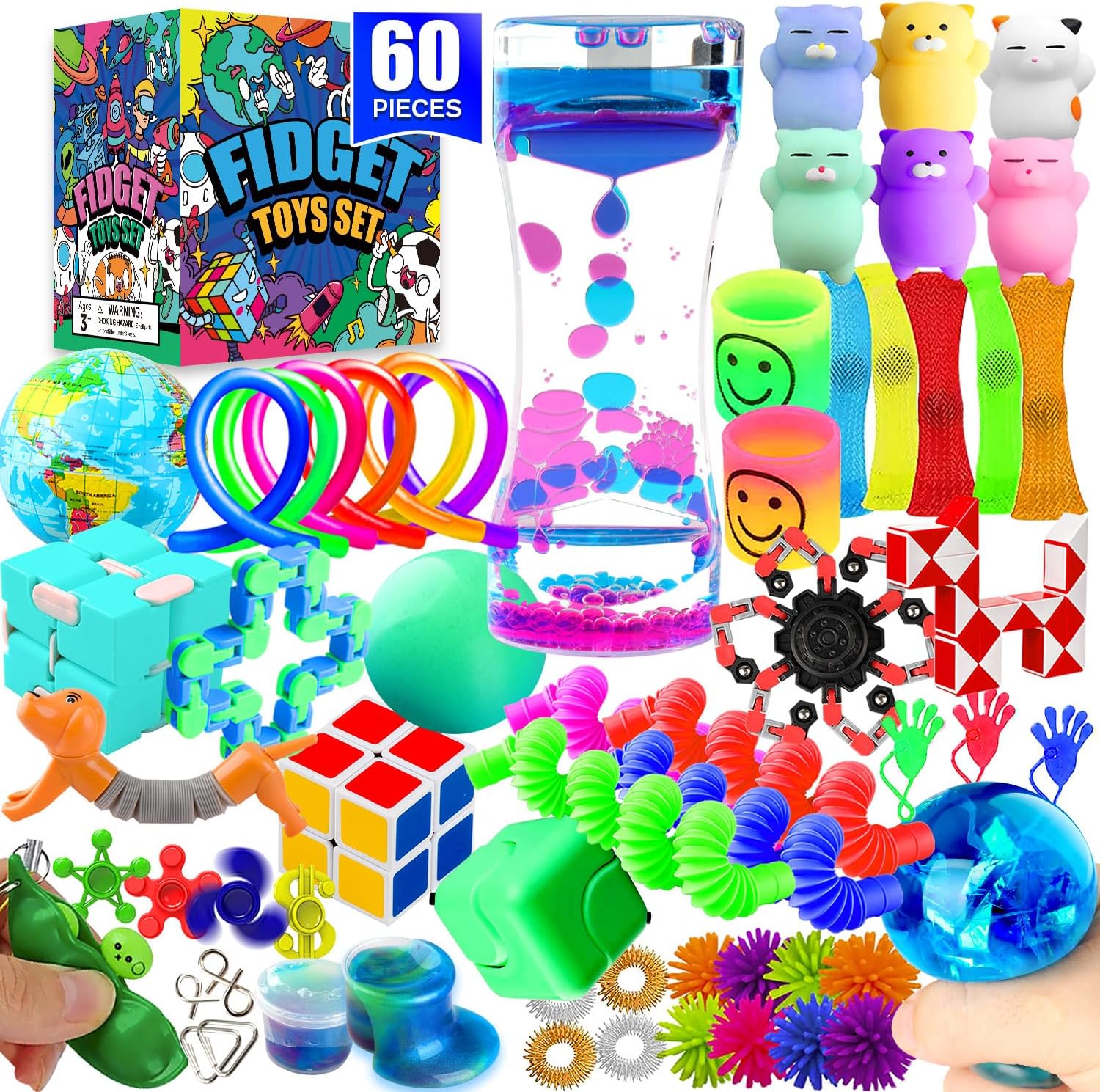 60 Pack Sensory Fidget Toys Set, Party Favor Toy Assortment, Birthday Gifts Toys, School Classroom Rewards, Carnival Prizes, Pinata Fillers Goodie Bags Fillers for ADHD Autism Stress Anxiety