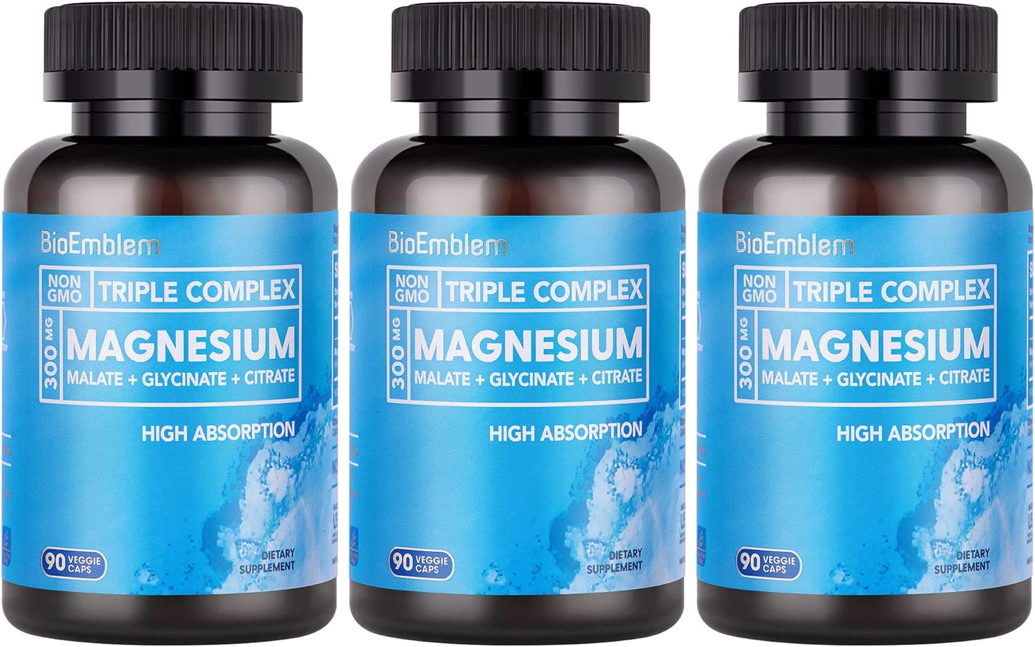 BioEmblem High Absorption Triple Magnesium Complex 300mg | Magnesium Glycinate for Nerves, Magnesium Malate for Energy, Magnesium Supplement to Support Muscle Health | Vegan, Non-GMO 270 Capsules