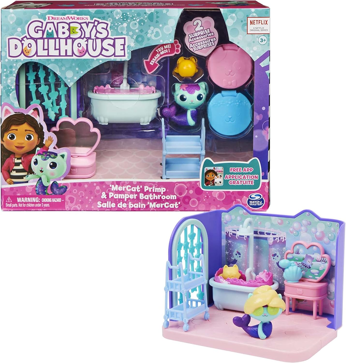 Gabby's Dollhouse, Primp and Pamper Bathroom with Mercat Figure, 3 Accessories and & 3 Furniture Pieces, Kids’ Toys for Ages 3+