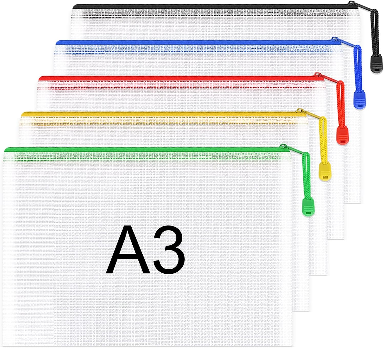 Umriox A3 Document Folder Extra Thick Zipper File Bags Mesh Zip Lock Document Wallets Folder Travel Storage Pouch for Office Supplies and Travel Accessories, Waterproof, 5PCS