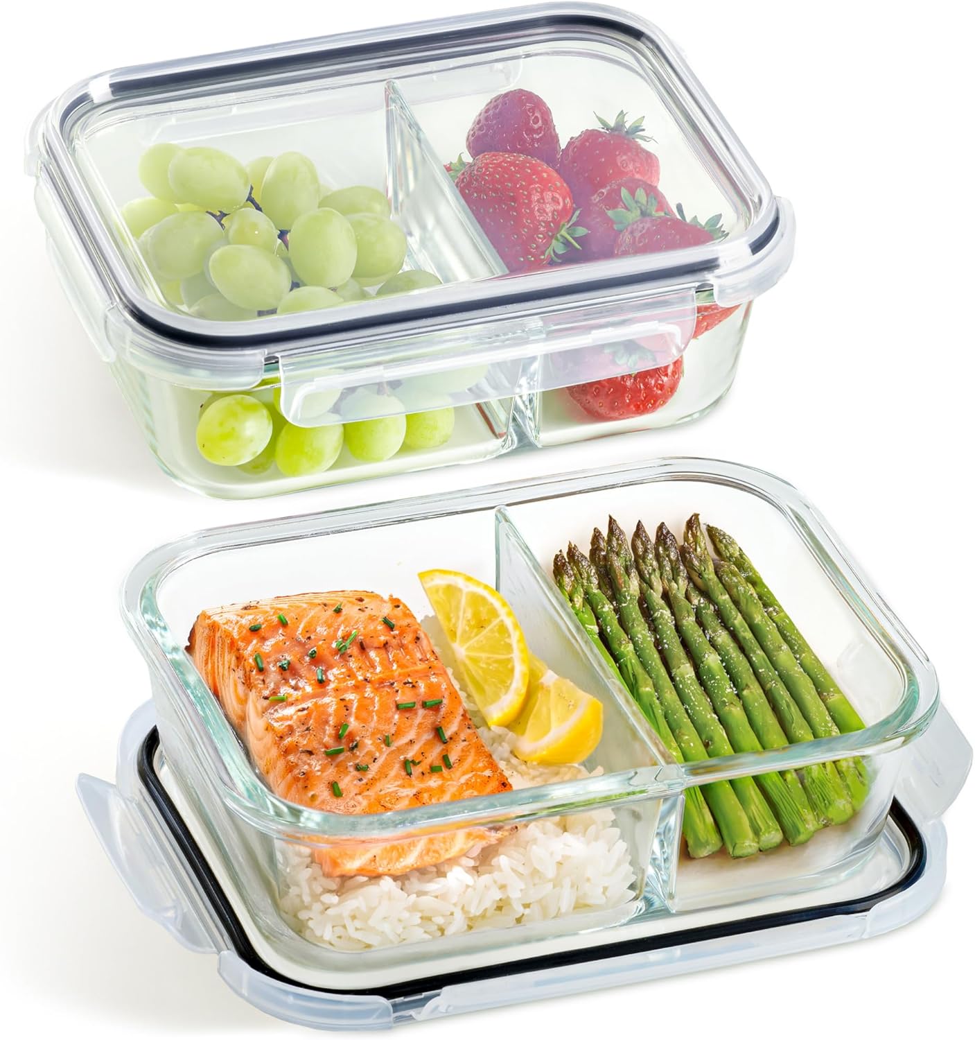 Praknu Glass Containers with Lids - Set of 2 Meal Prep Glass Containers with 2 Compartments – 1 Litre – Airtight – Suitable for Dishwasher, Microwave & Oven