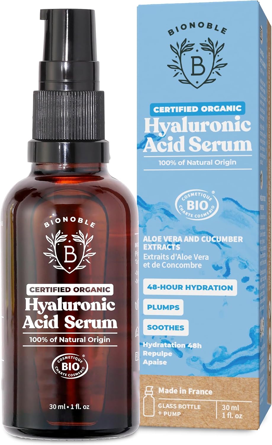 BIONOBLE Hyaluronic Acid Serum Certified Organic - Hydrating, Anti Wrinkle & Anti Aging with Aloe Vera - Vegan Face Serum for Women Mature Skin & All Skin Types - Glass Bottle + Pump - 30ml