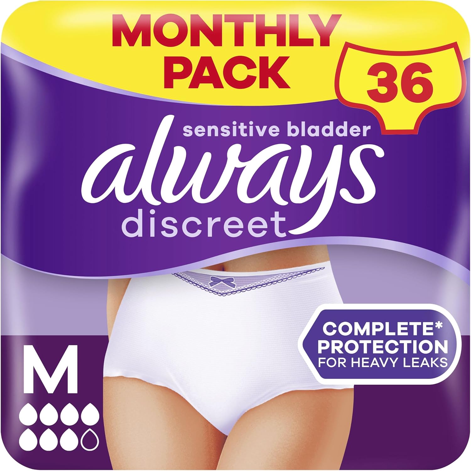 Always Discreet Incontinence Pants Women, Medium, UK Size 10-16, White, Absorbency 6, 36 Underwear , Knickers (9 x 4 Packs), Heavy Bladder Leak Protection , Maternity Pants After Birth