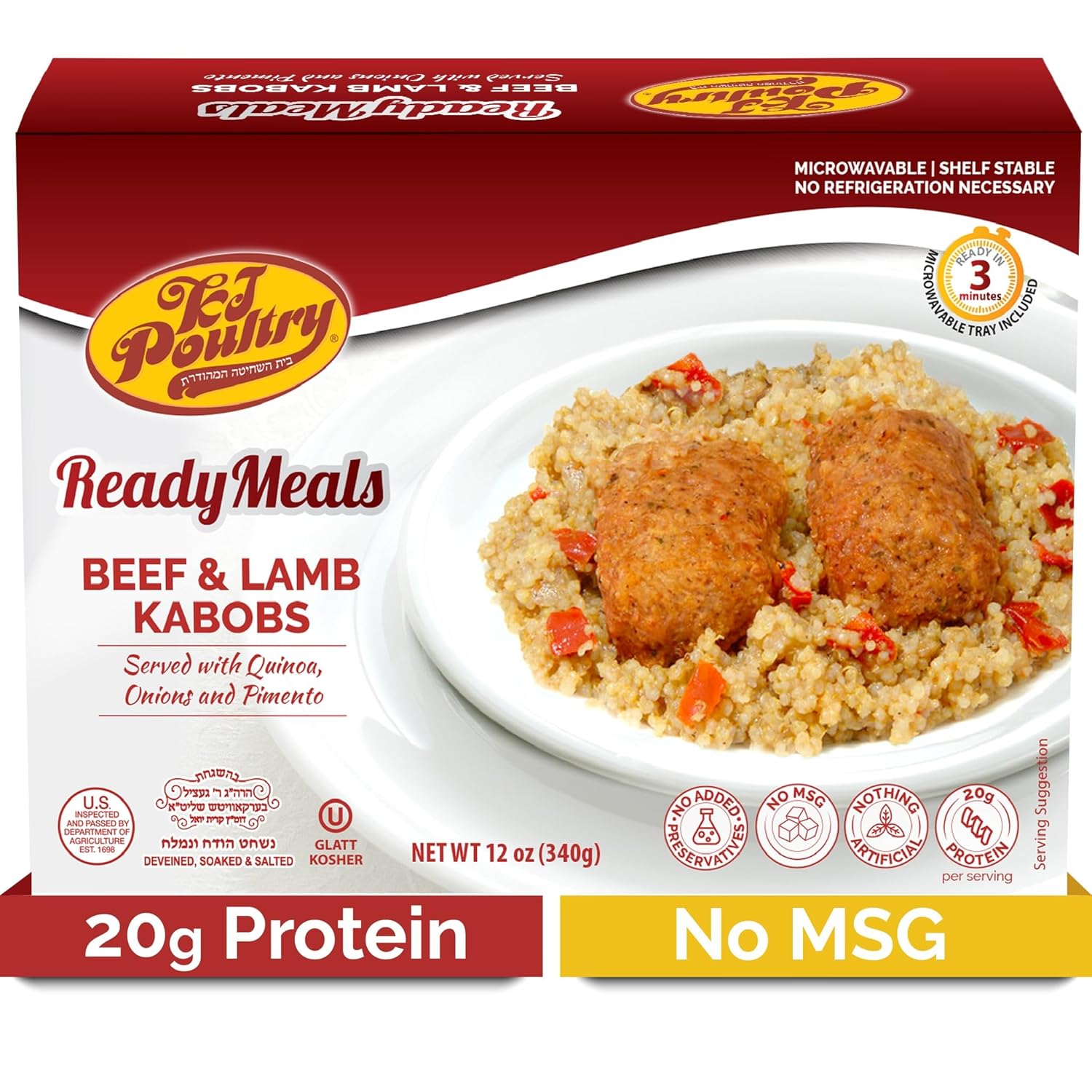 KJ Poultry Kosher Ready Meals - Beef Lamb Kabob & Quinoa, MRE Meat Meals Ready to Eat (1 Pack) Prepared Entree Fully Cooked, Shelf Stable Microwave Dinner Travel, Military, Camping, Emergency Survival